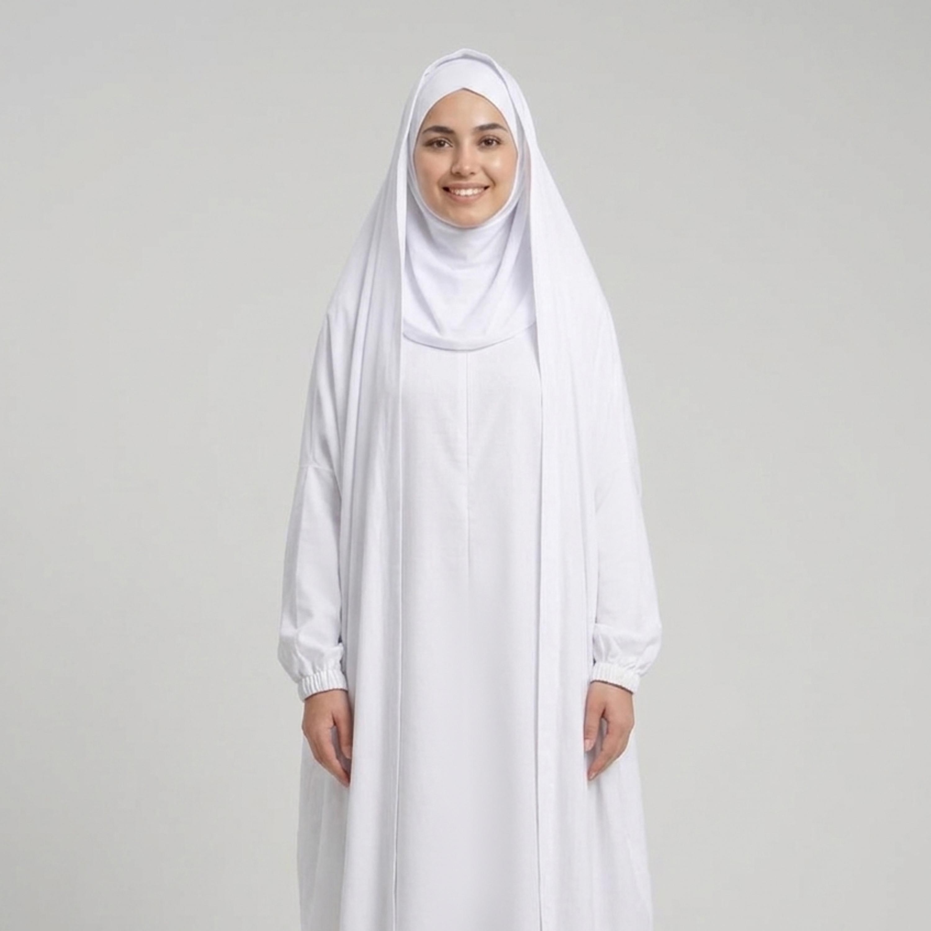 Hawraa White Elasticated Cuff Sleeves Linen Women's Hajj and Umrah Abaya with Hijab-women-arabicclothing-prayerclothing-image-2