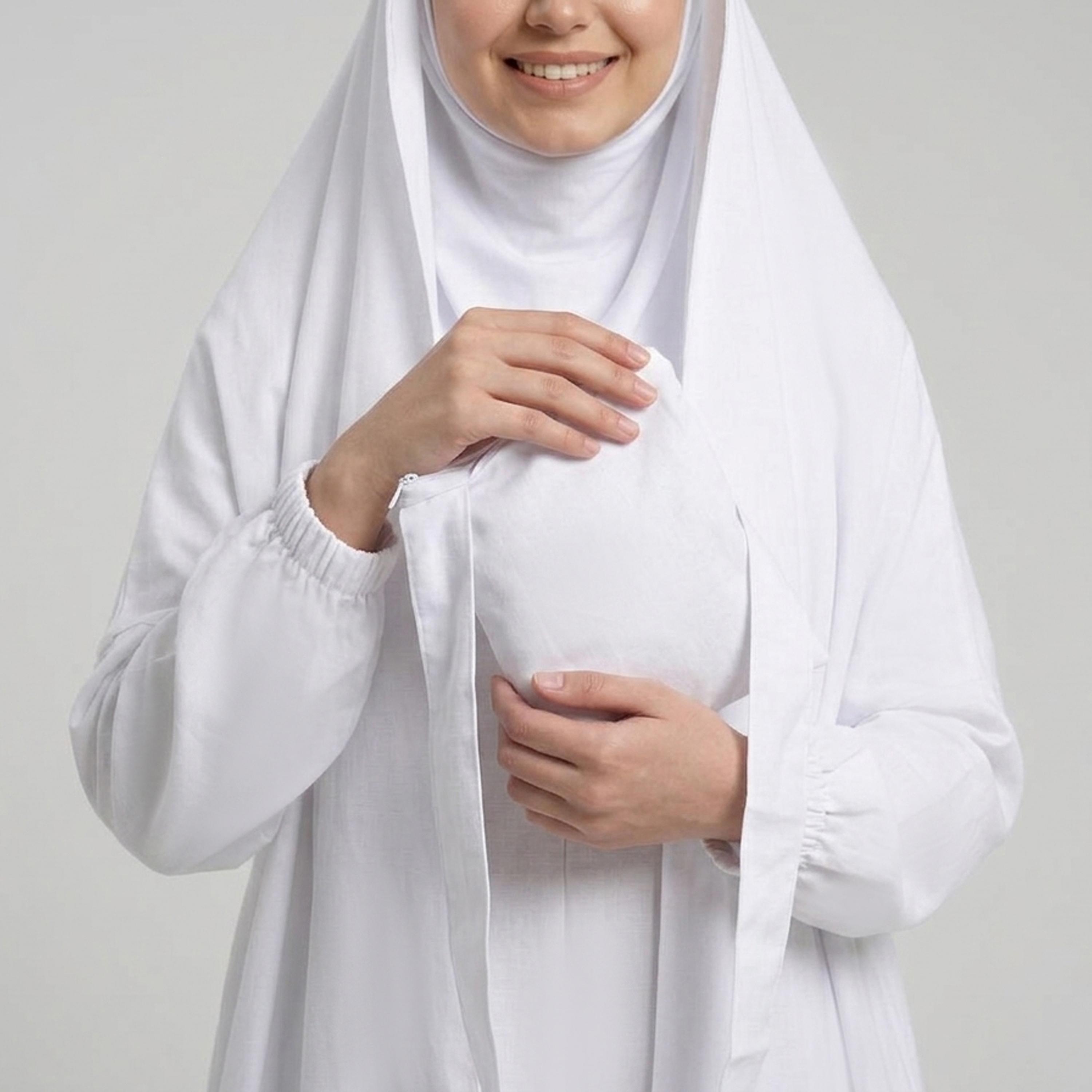 Hawraa White Elasticated Cuff Sleeves Linen Women's Hajj and Umrah Abaya with Hijab-women-arabicclothing-prayerclothing-image-3