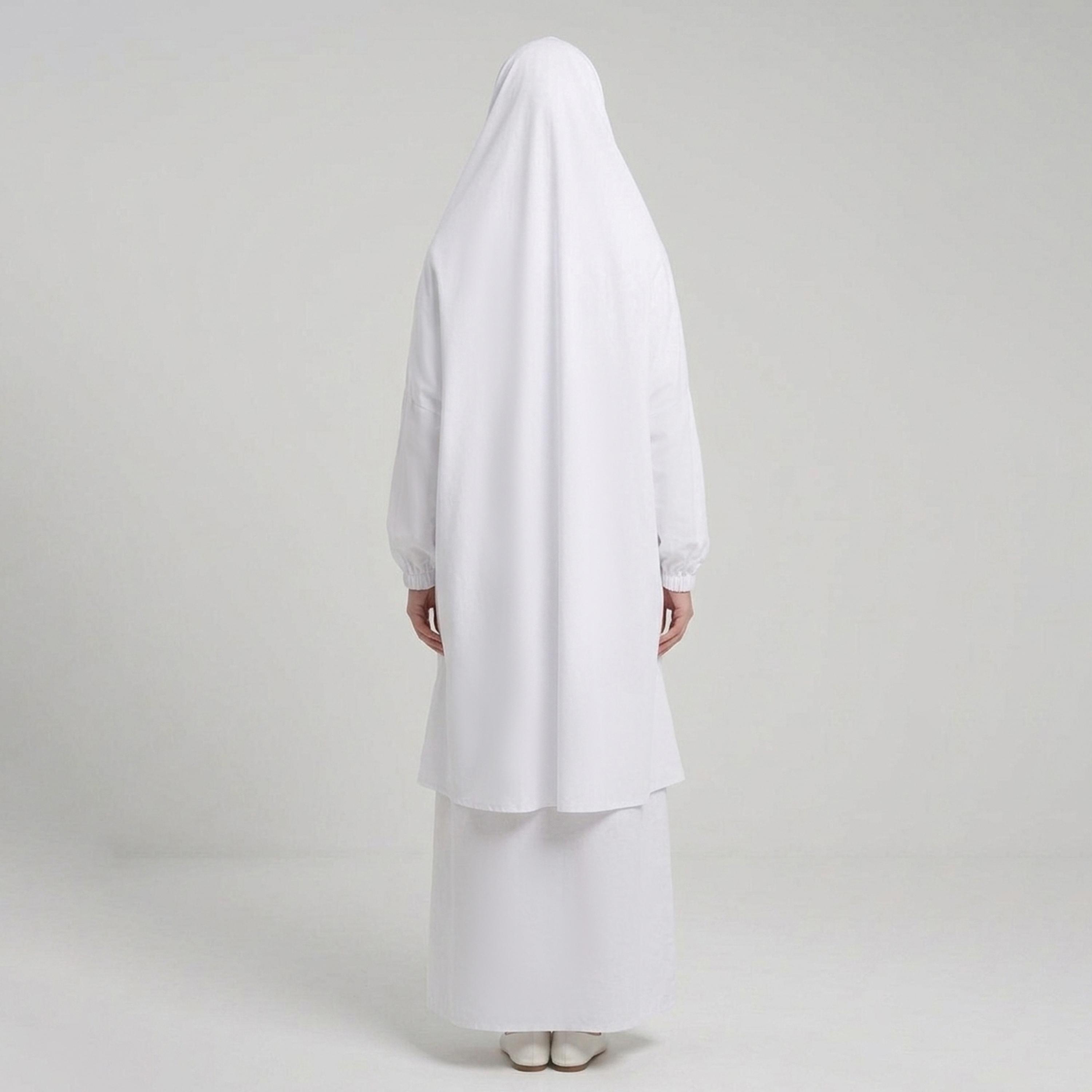 Hawraa White Elasticated Cuff Sleeves Linen Women's Hajj and Umrah Abaya with Hijab-women-arabicclothing-prayerclothing-image-4