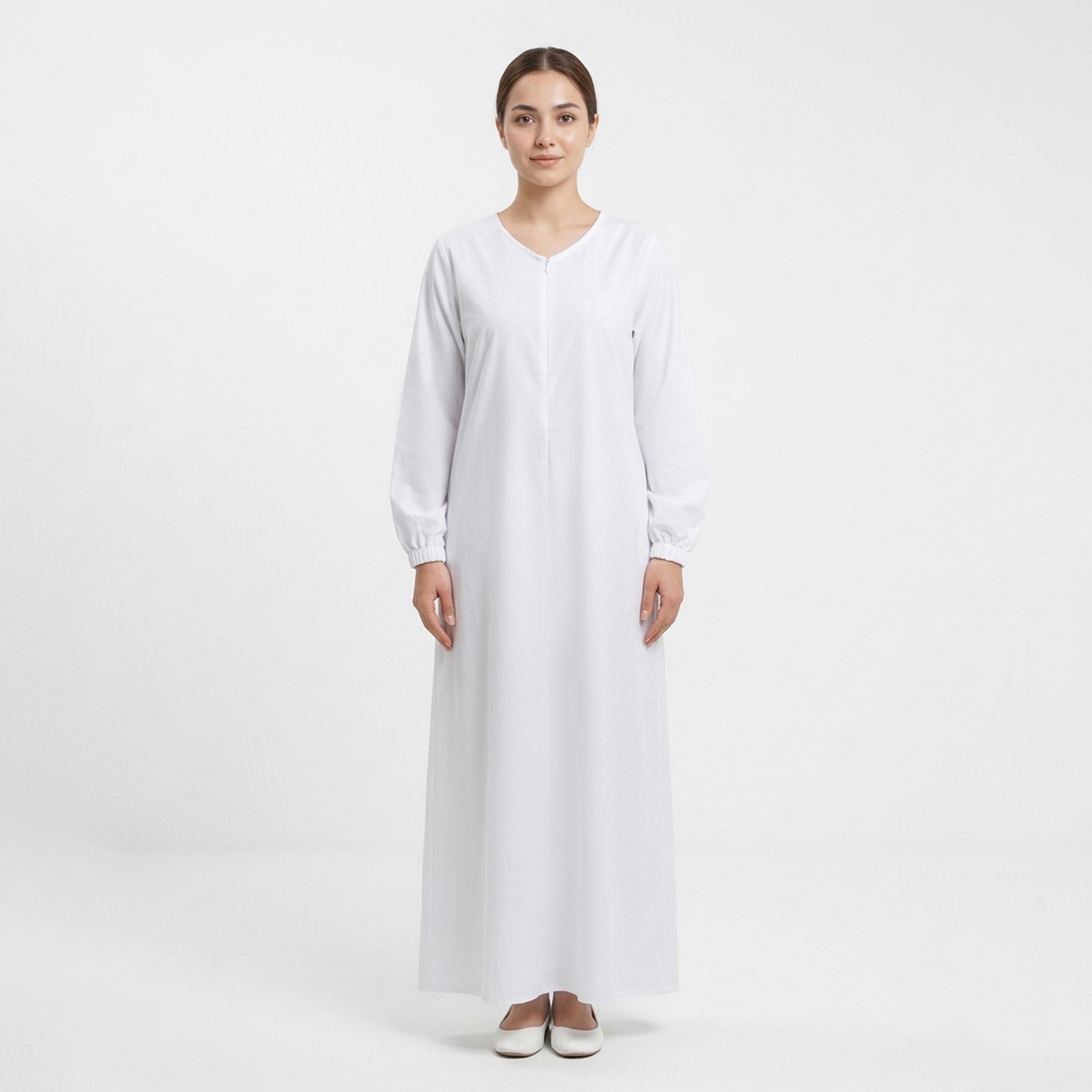 Hawraa White Elasticated Cuff Sleeves Linen Women's Hajj and Umrah Abaya with Hijab-women-arabicclothing-prayerclothing-image-5