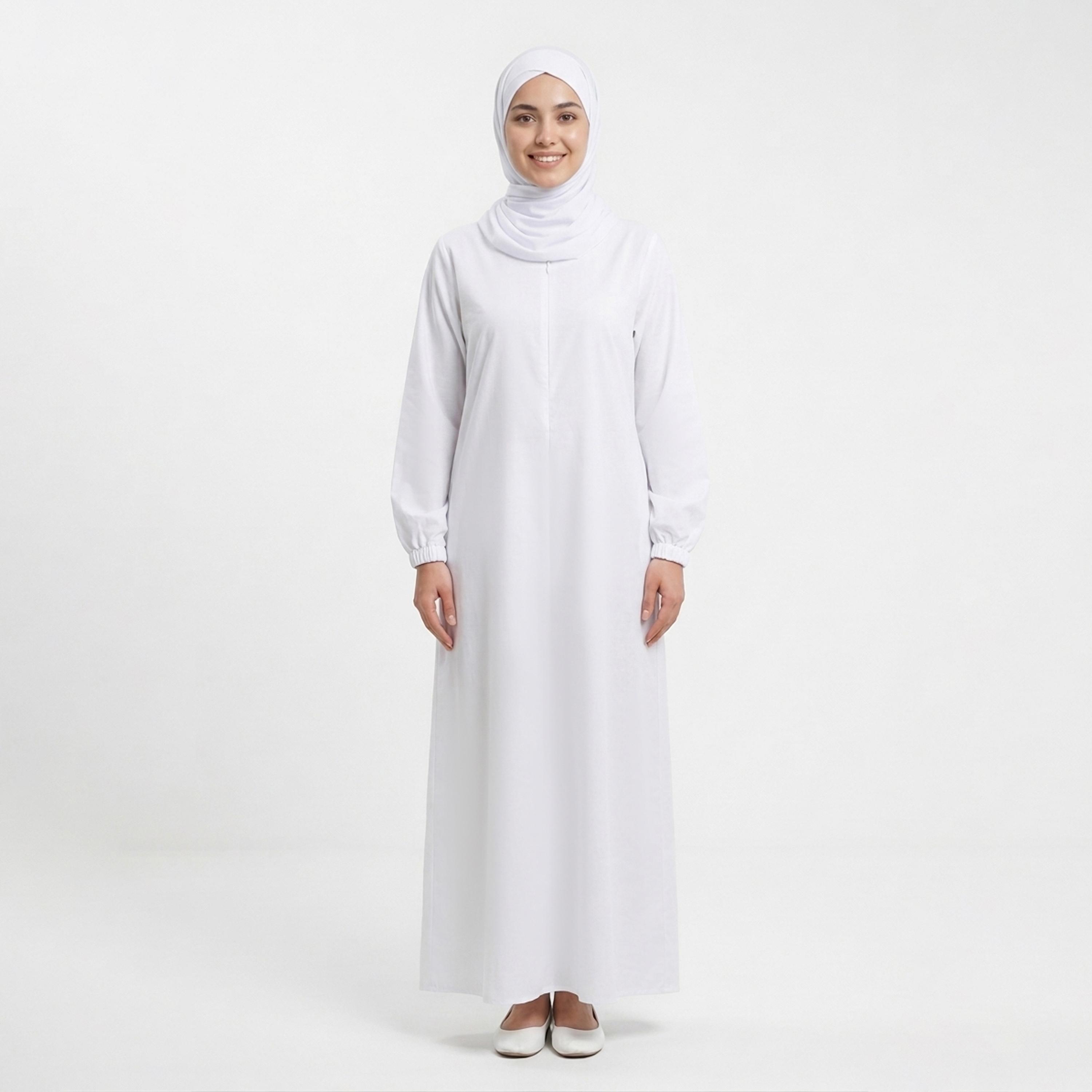 Hawraa White Elasticated Cuff Sleeves Linen Women's Hajj and Umrah Abaya with Hijab-women-arabicclothing-prayerclothing-image-6