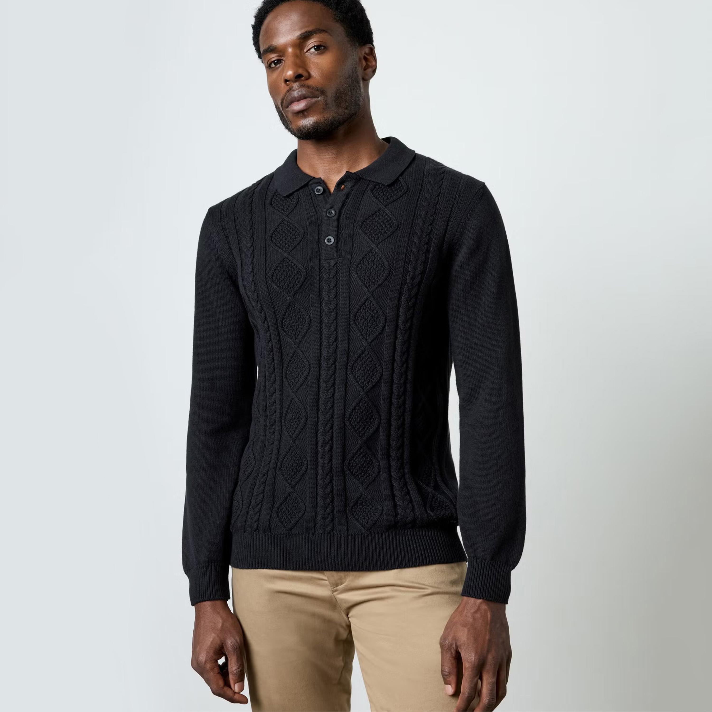 بلوفر رجالي بأكمام طويلة وياقة بنسيج ضفيرة (كيبل) من فرينش كونكشن-men-clothing-sweatersandpullovers-image-1