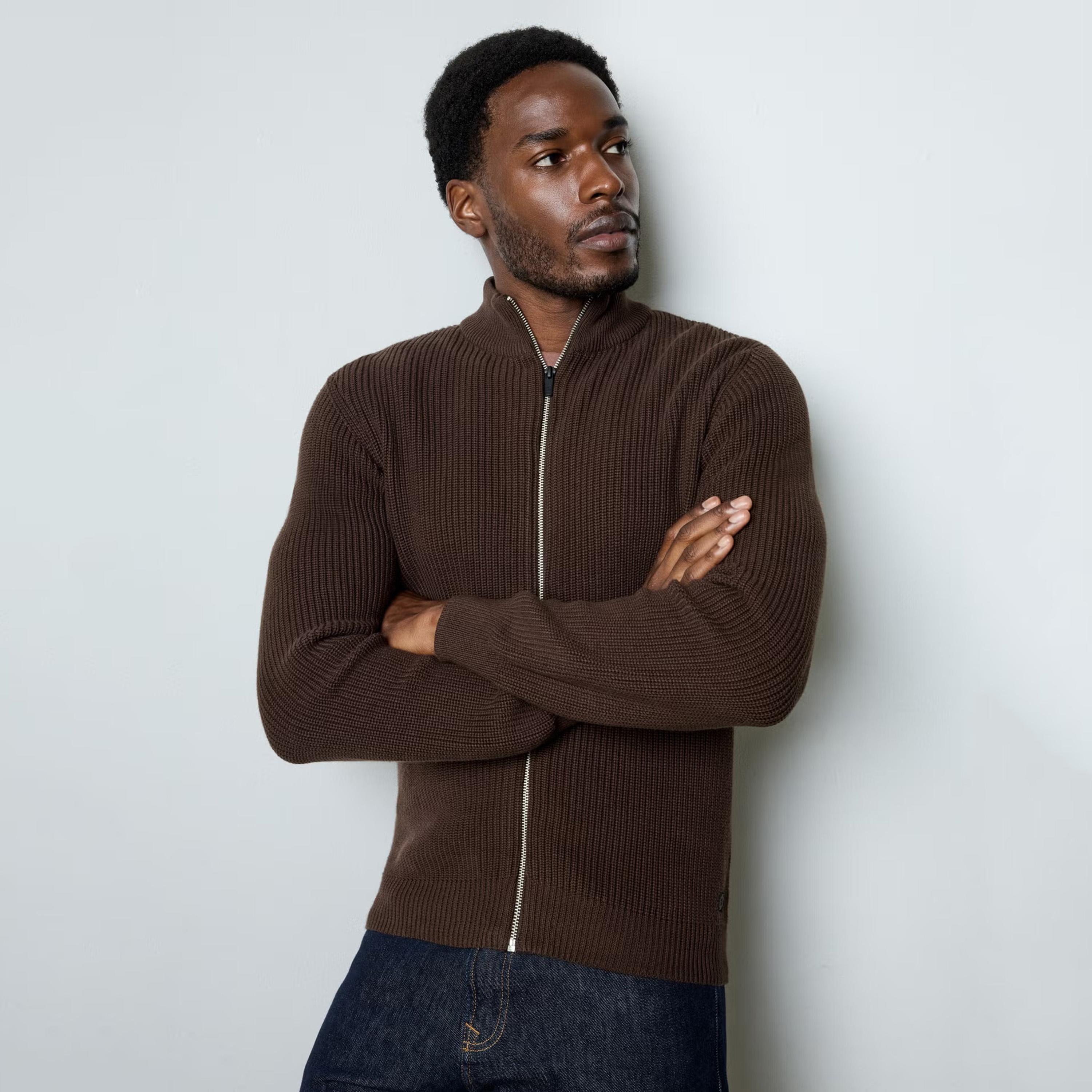 كارديجان رجالي بأكمام طويلة وفتحة رقبة عالية بنسيج مضلع من فرينش كونكشن-men-clothing-sweatersandpullovers-image-4
