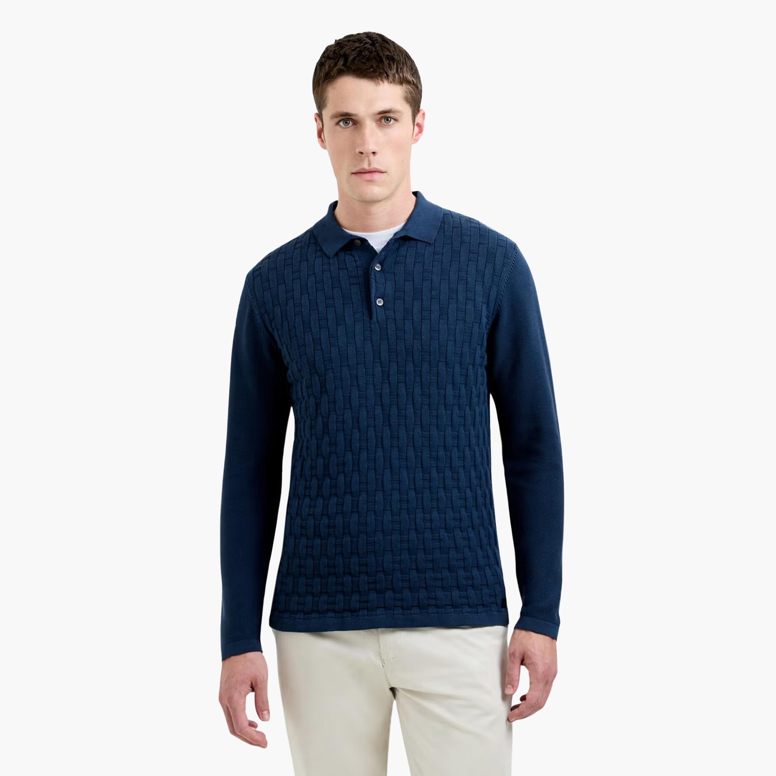 French Connection Basket Woven Collared Long Sleeves Men's Sweater-men-clothing-sweatersandpullovers-image-1