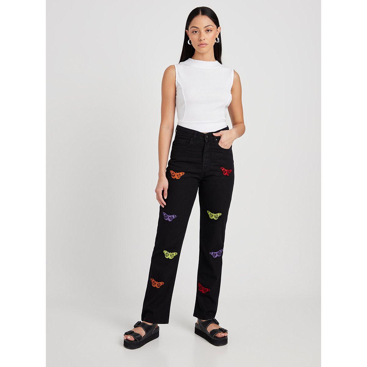 Styli High Rise Butterfly Print Straight Leg Jeans-women-clothing-bottoms-jeans-image-2