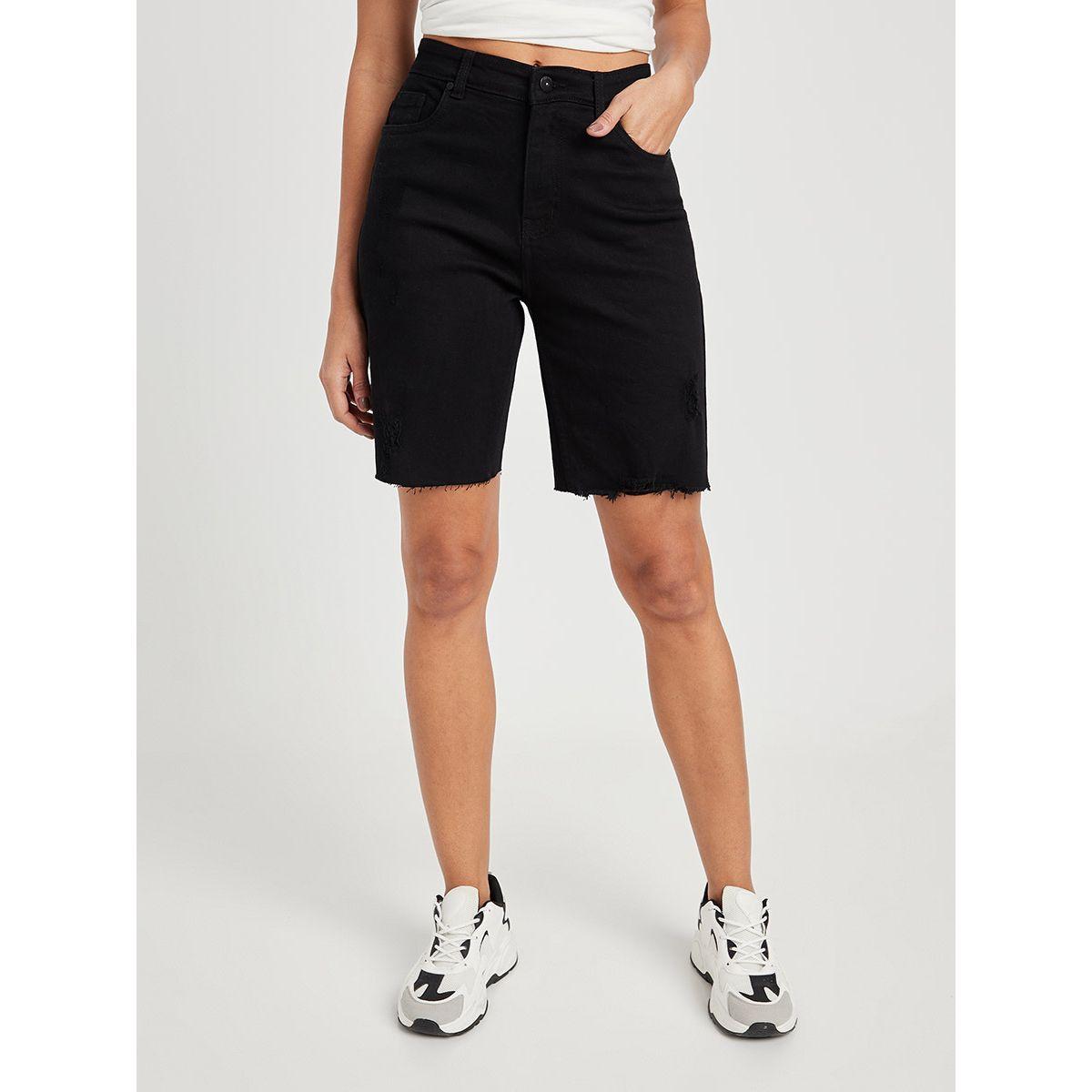 Styli High Waist Denim Shorts with Raw Hem -women-clothing-bottoms-shorts-image-1