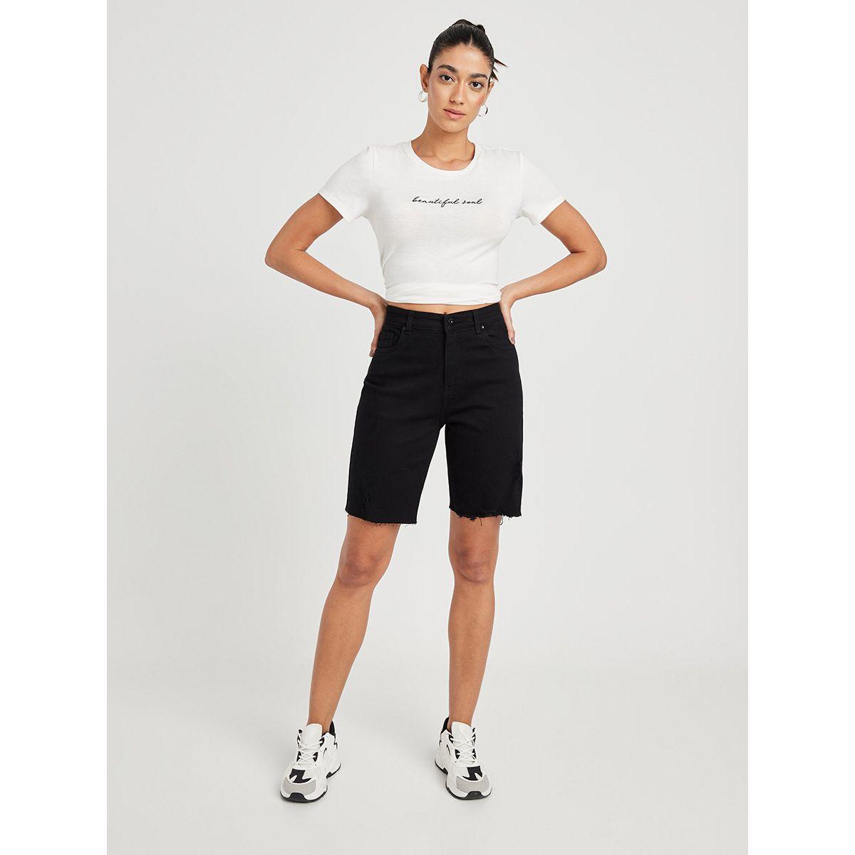 Styli High Waist Denim Shorts with Raw Hem -women-clothing-bottoms-shorts-image-2