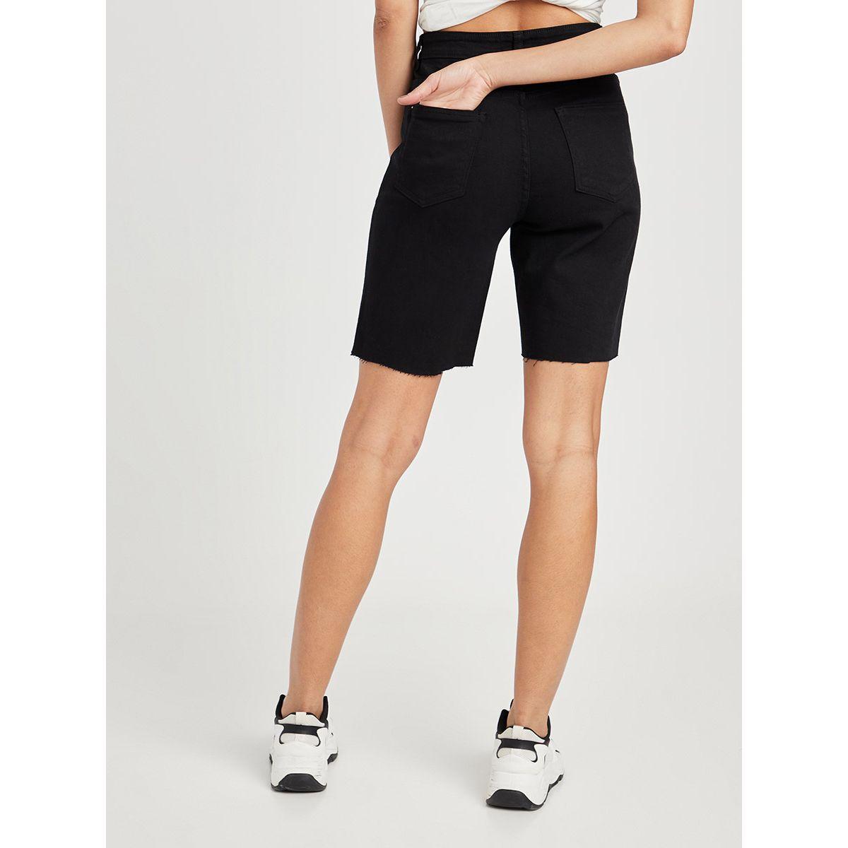 Styli High Waist Denim Shorts with Raw Hem -women-clothing-bottoms-shorts-image-4