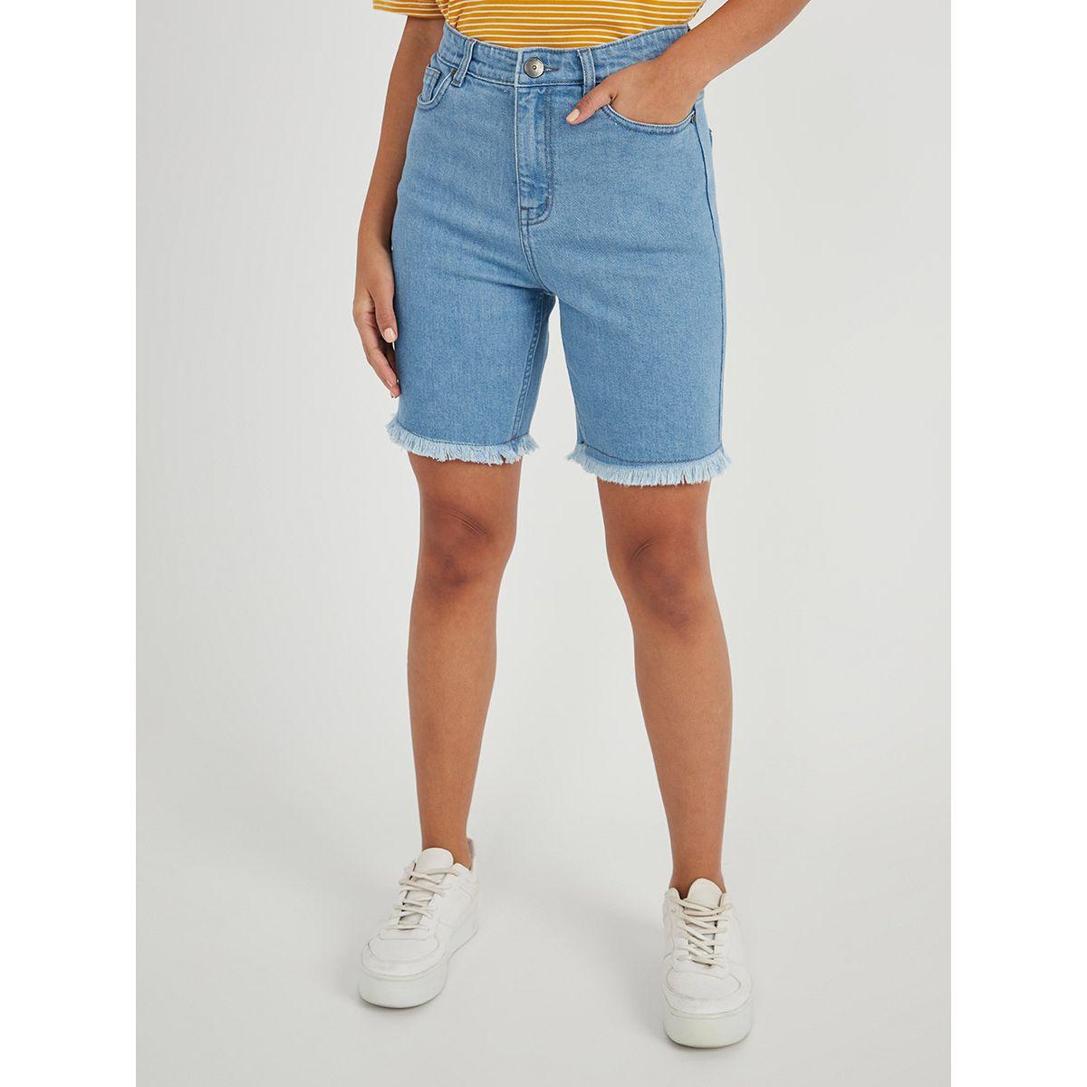 Styli Frayed Hem Denim Shorts-women-clothing-bottoms-shorts-image-1