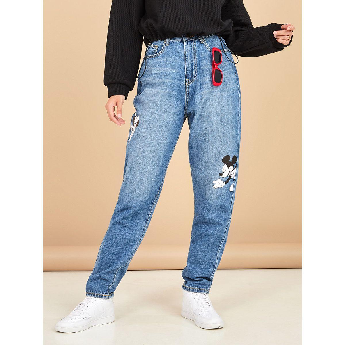 Styli Micky Mouse Print High Waist Straight Leg Boyfriend Jeans-women-clothing-bottoms-jeans-image-1