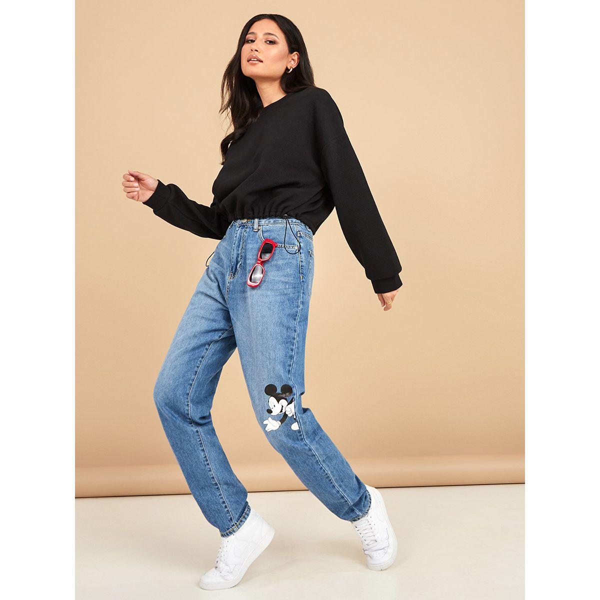 Styli Micky Mouse Print High Waist Straight Leg Boyfriend Jeans-women-clothing-bottoms-jeans-image-2