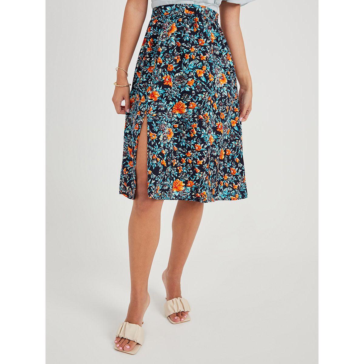 Styli Floral Print Knee Length Bias Skirt with Side Split Detail-women-clothing-bottoms-skirts-image-1