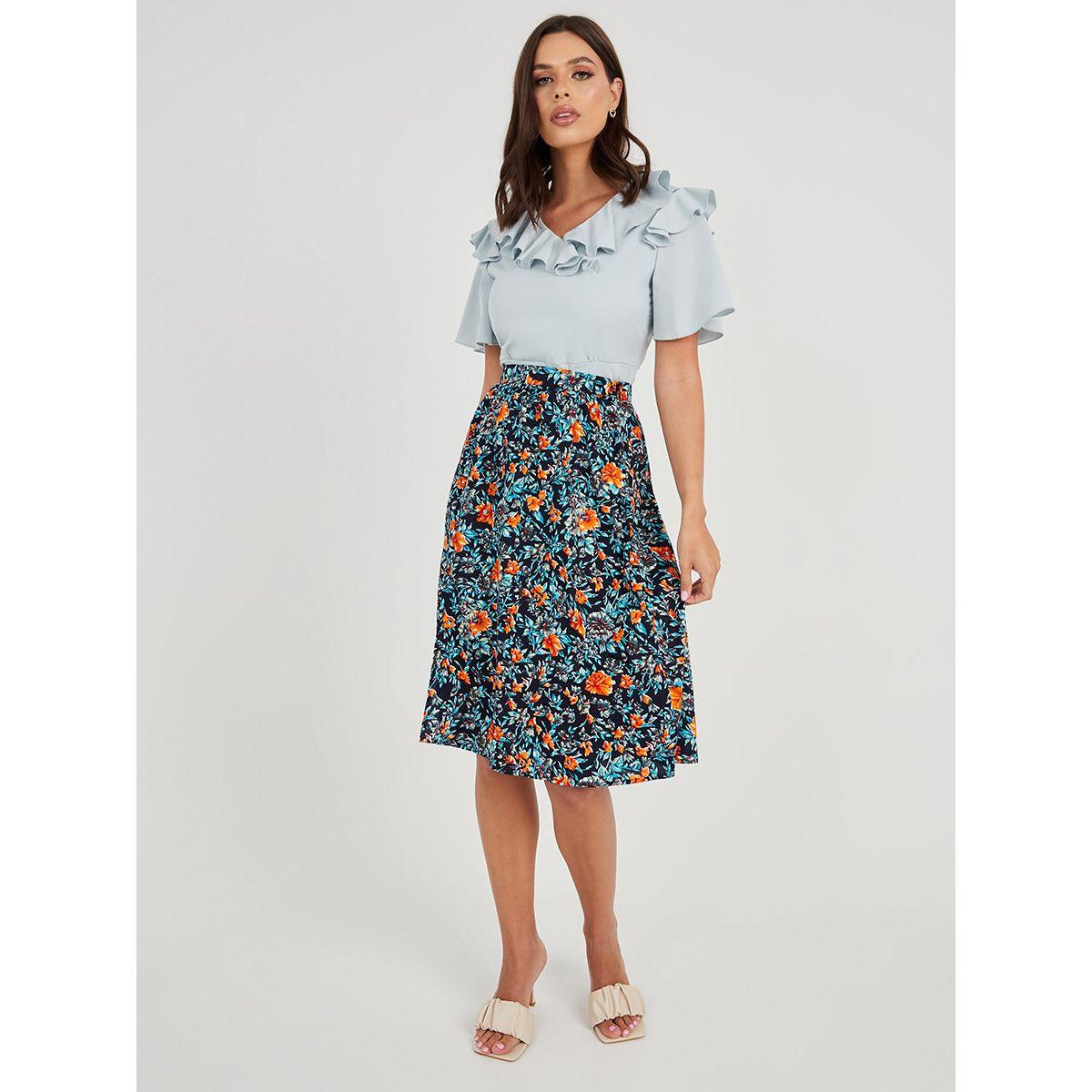 Styli Floral Print Knee Length Bias Skirt with Side Split Detail-women-clothing-bottoms-skirts-image-2