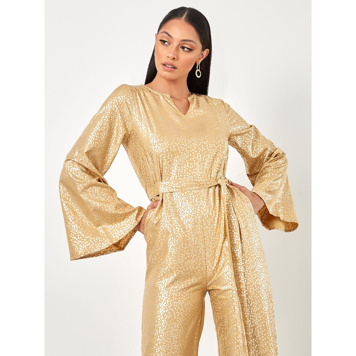 Styli Long Sleeves V Neck Satin Foil Print Wide Leg Jumpsuit-women-clothing-jumpsuits-image-2
