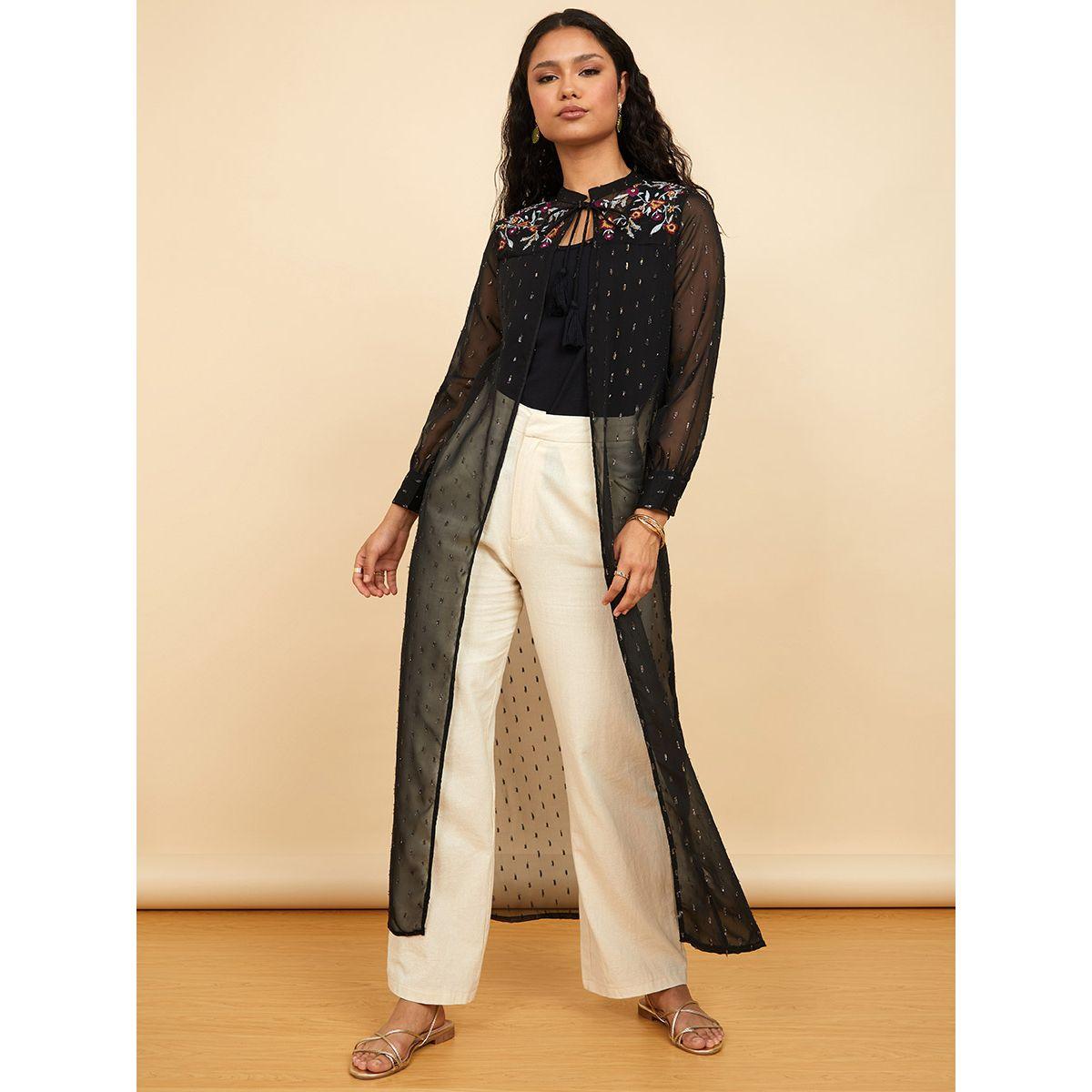 Styli Tie-Up Neck Embroidered Detail Maxi Kimono-women-clothing-shirtsandblouses-shirts-image-1