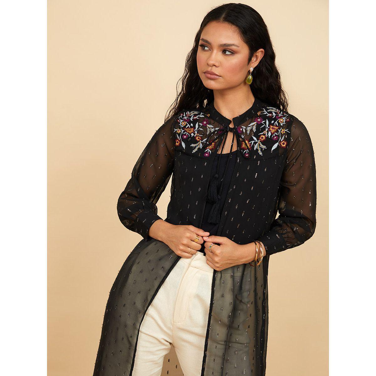 Styli Tie-Up Neck Embroidered Detail Maxi Kimono-women-clothing-shirtsandblouses-shirts-image-2