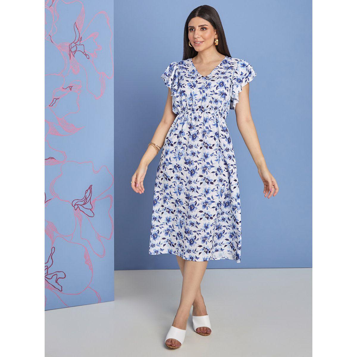 Styli Ruffle Sleeves Floral Print A-Line Midi Dress-women-clothing-dresses-image-1