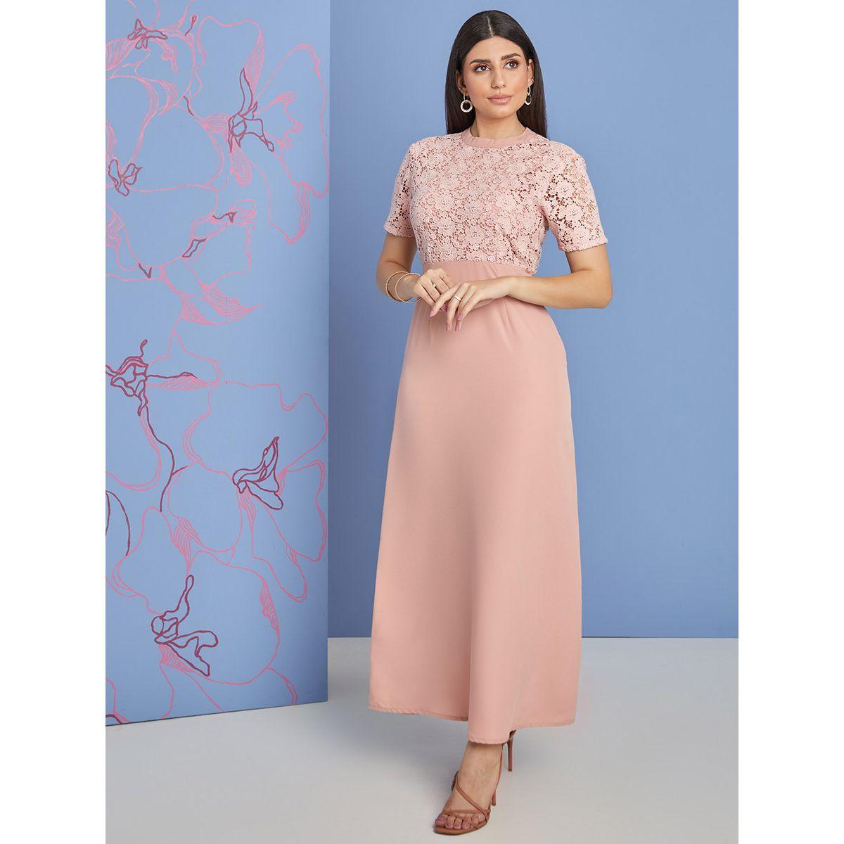 Styli Short Sleeves High Neck Lace Yoke Maxi Dress-women-clothing-dresses-image-1