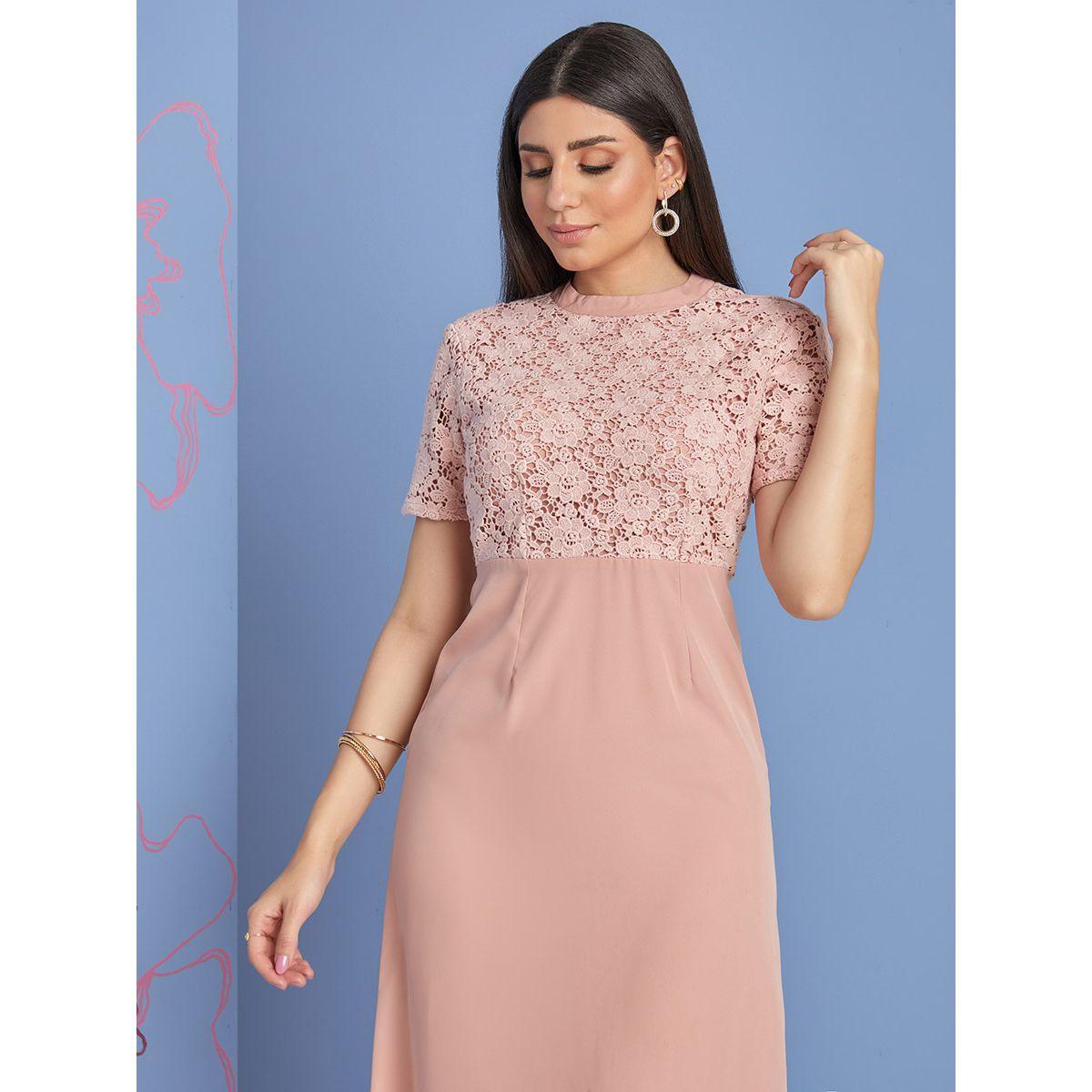 Styli Short Sleeves High Neck Lace Yoke Maxi Dress-women-clothing-dresses-image-2