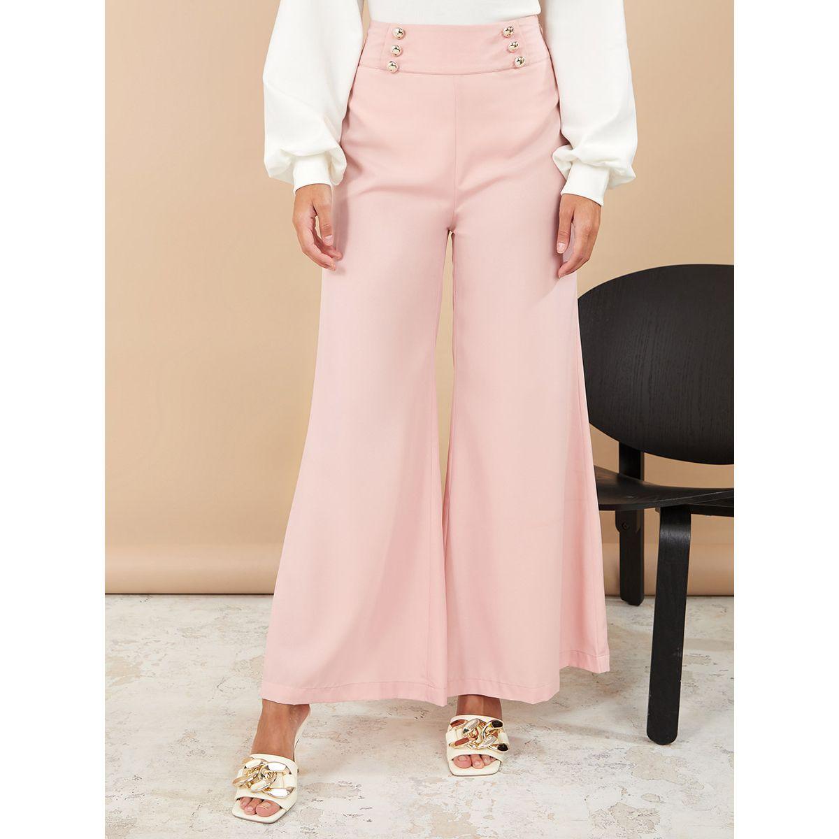 Styli Solid Wide Leg Trouser with Button Detail-women-clothing-bottoms-trousers-image-1