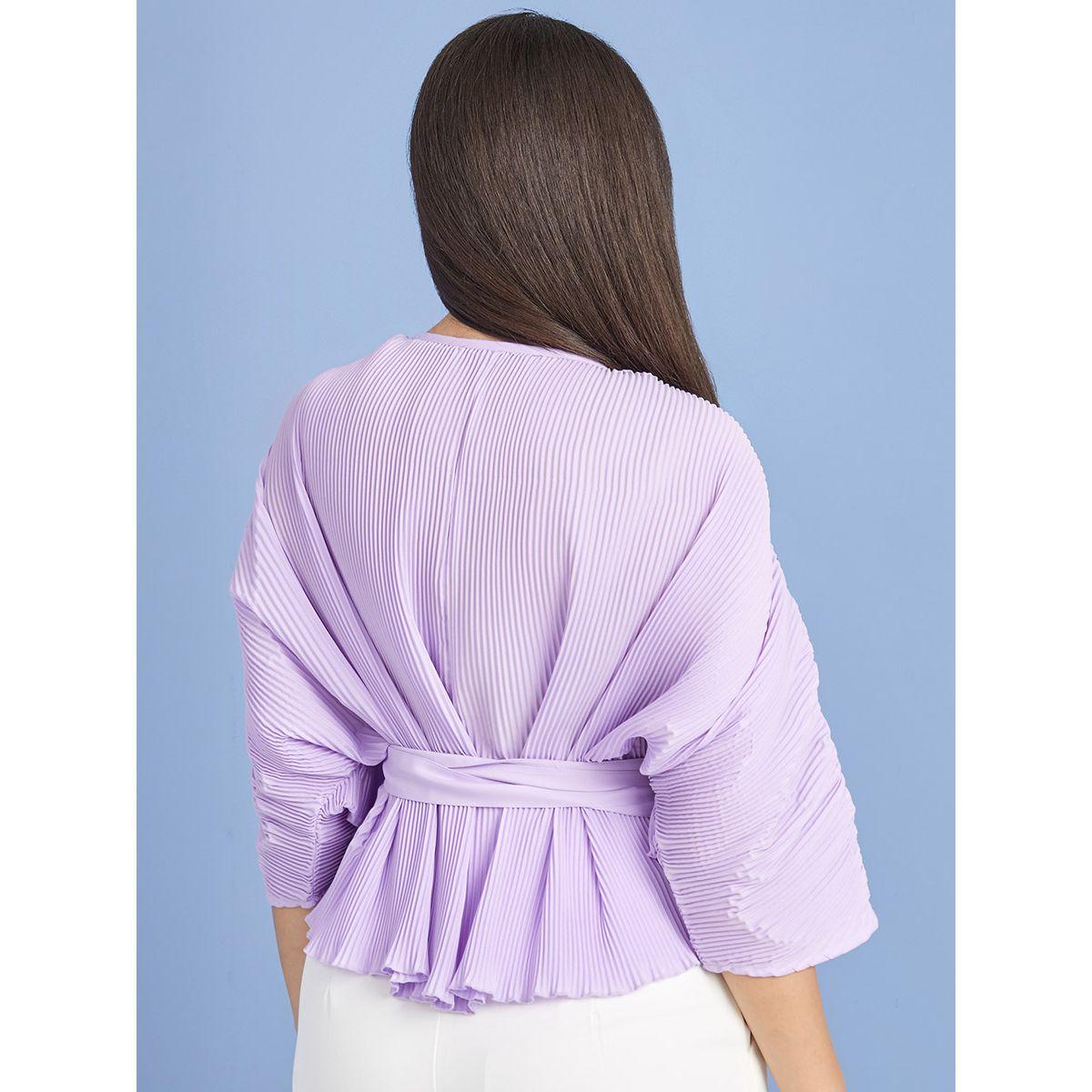 Styli 3/4 Sleeves Plisse Wrap Top with Tie Waist-women-clothing-shirtsandblouses-blouses-image-3