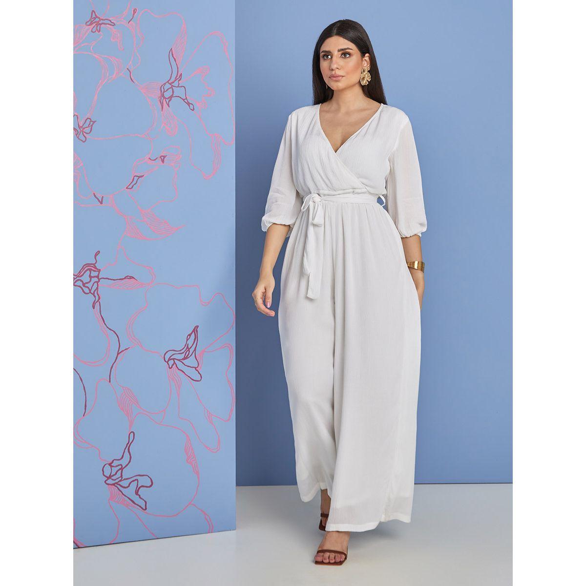 Styli 3/4 Sleeves Wide Leg Jumpsuit with Self Tie-women-clothing-jumpsuits-image-1