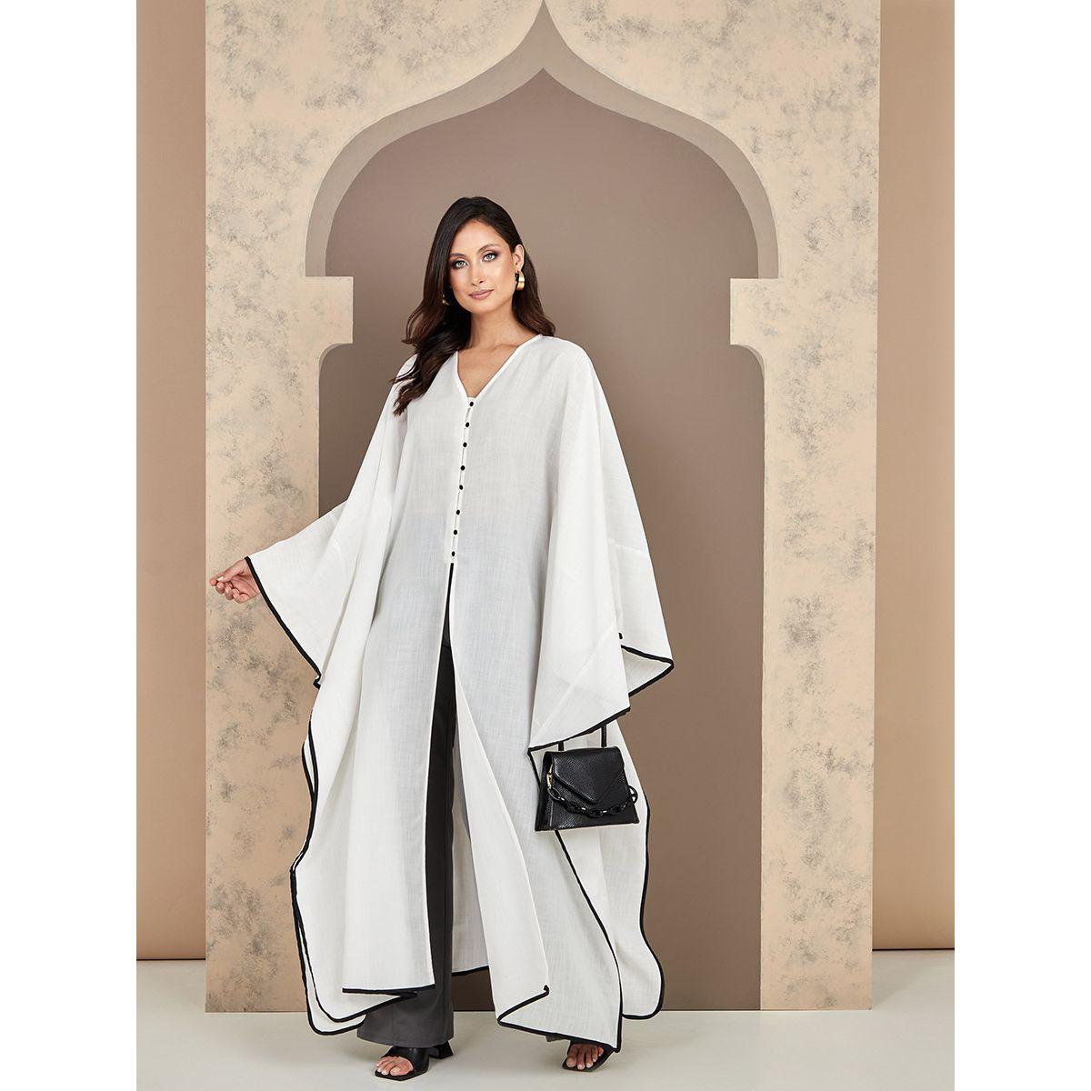 Styli Contrast Trim Front Button Maxi Abaya-women-arabicclothing-abayas-image-1