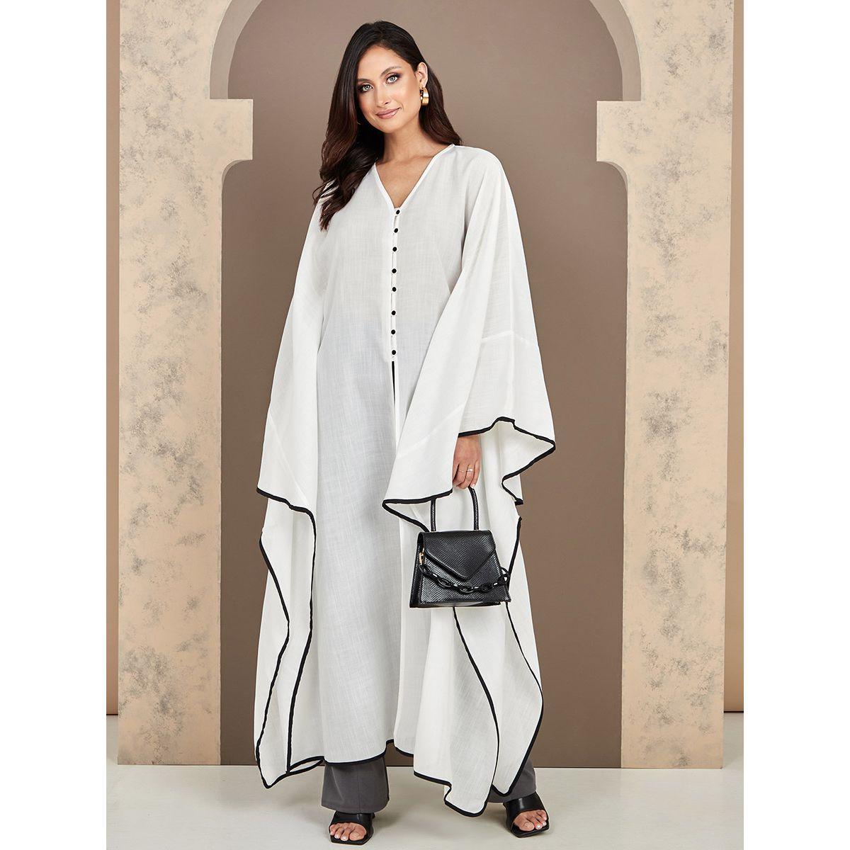 Styli Contrast Trim Front Button Maxi Abaya-women-arabicclothing-abayas-image-3