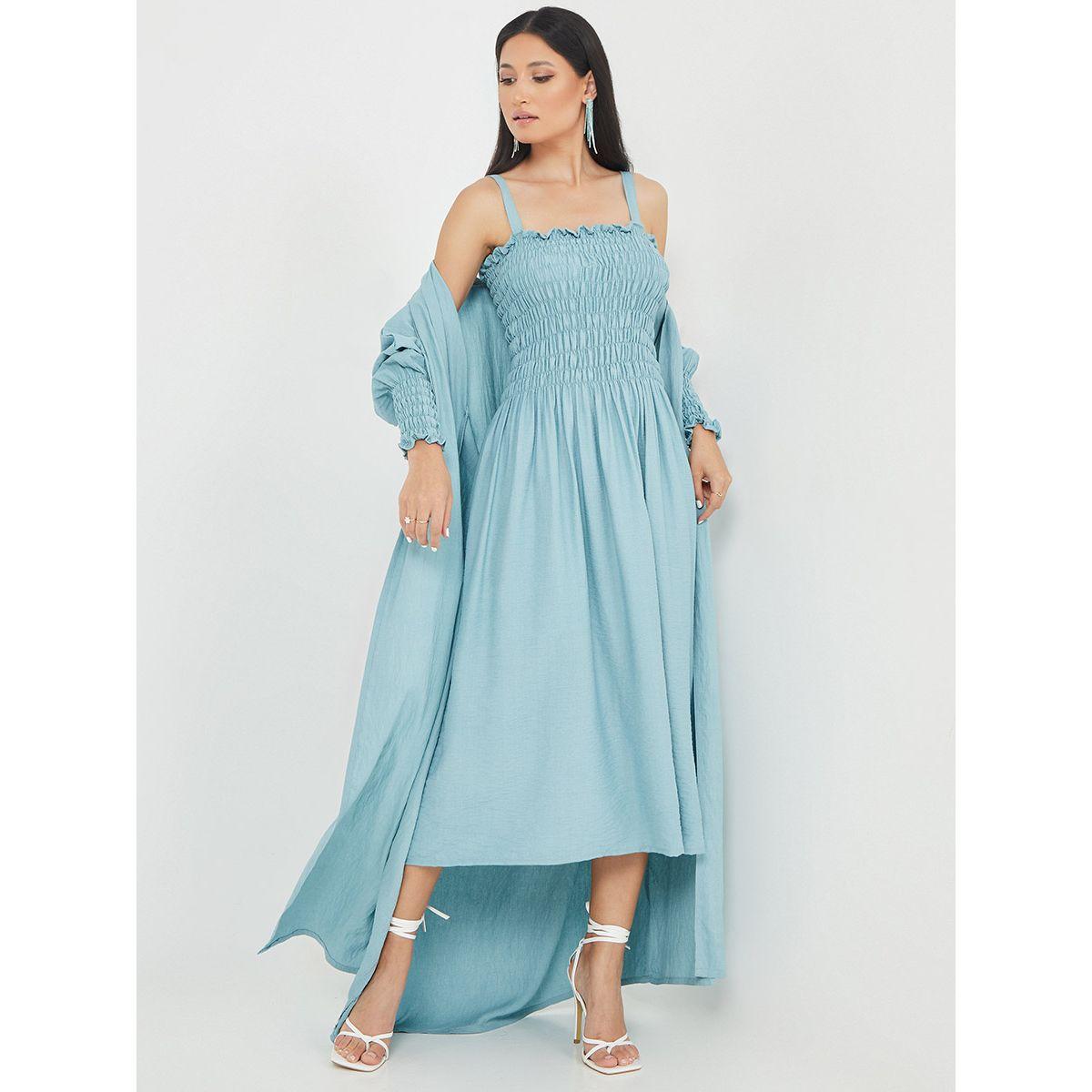 Styli Set of 3 - Strappy Shirred Dress with Hijab and Maxi Abaya-women-clothingaccessories-scarves-image-5