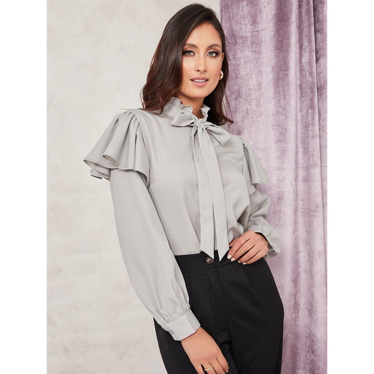 Styli Long Sleeves Ruffle Detail Tie-Up Neck Top-women-clothing-shirtsandblouses-blouses-image-1
