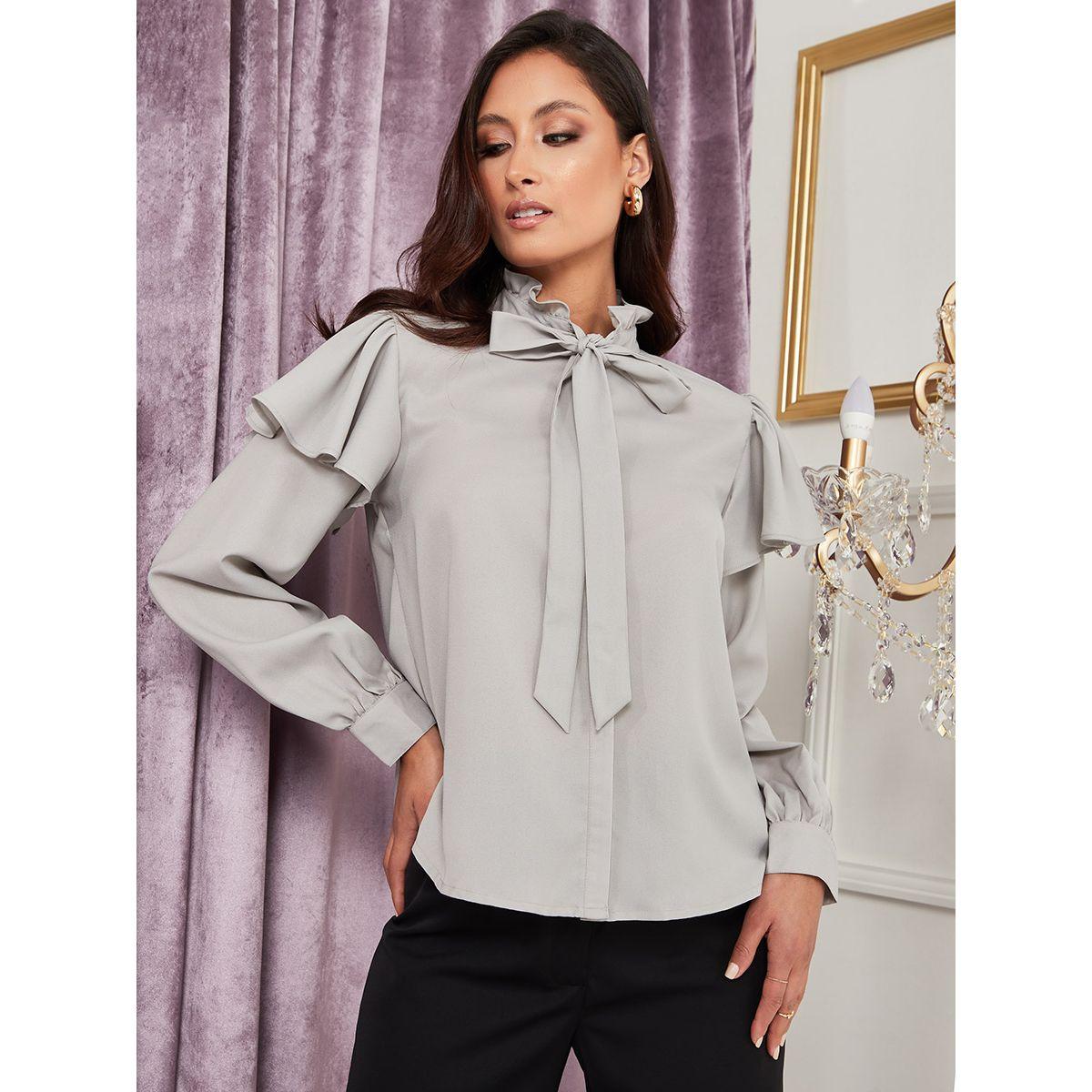 Styli Long Sleeves Ruffle Detail Tie-Up Neck Top-women-clothing-shirtsandblouses-blouses-image-3