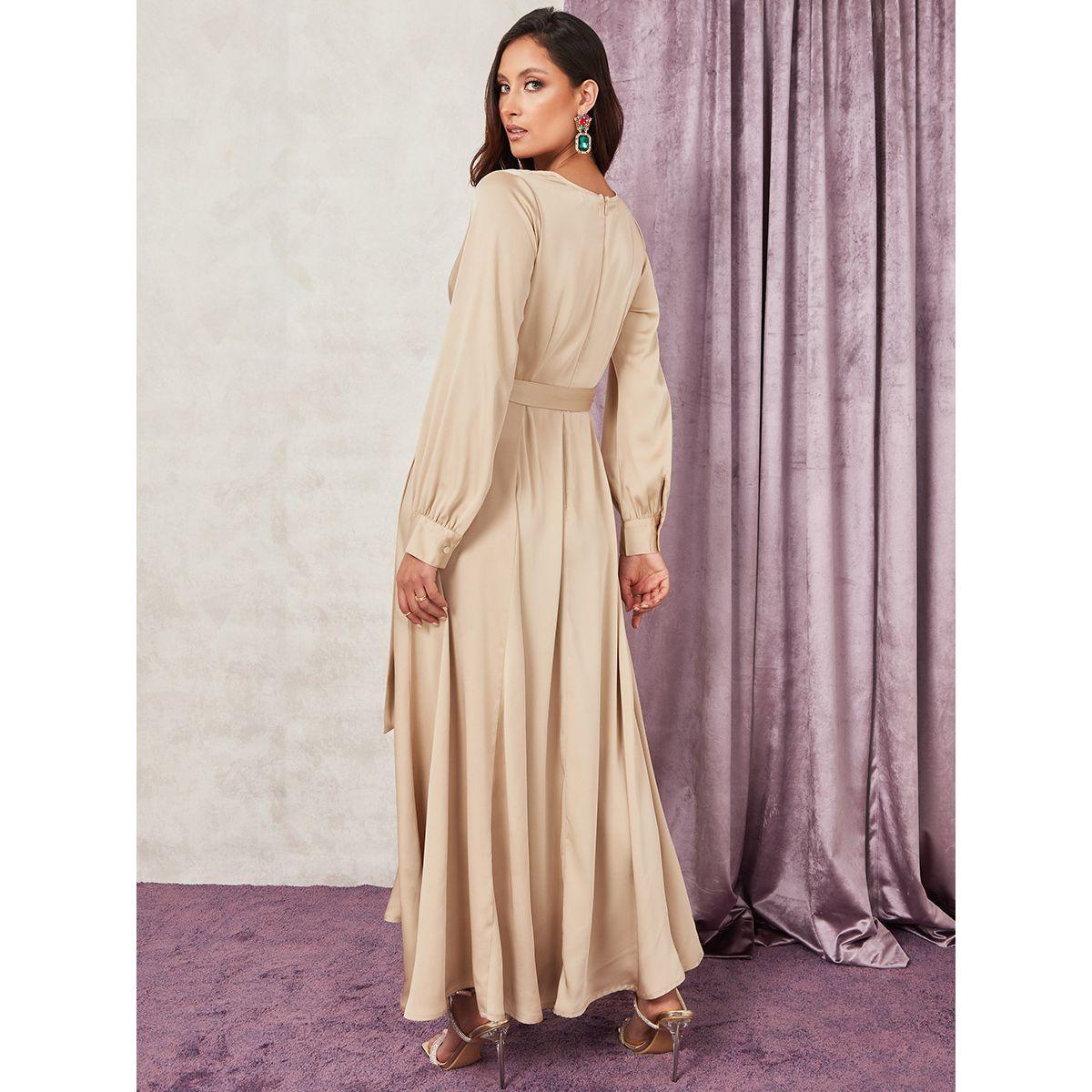 Styli Long Sleeves Satin Wrap Front Maxi Dress with Tie Belt-women-clothing-dresses-image-4