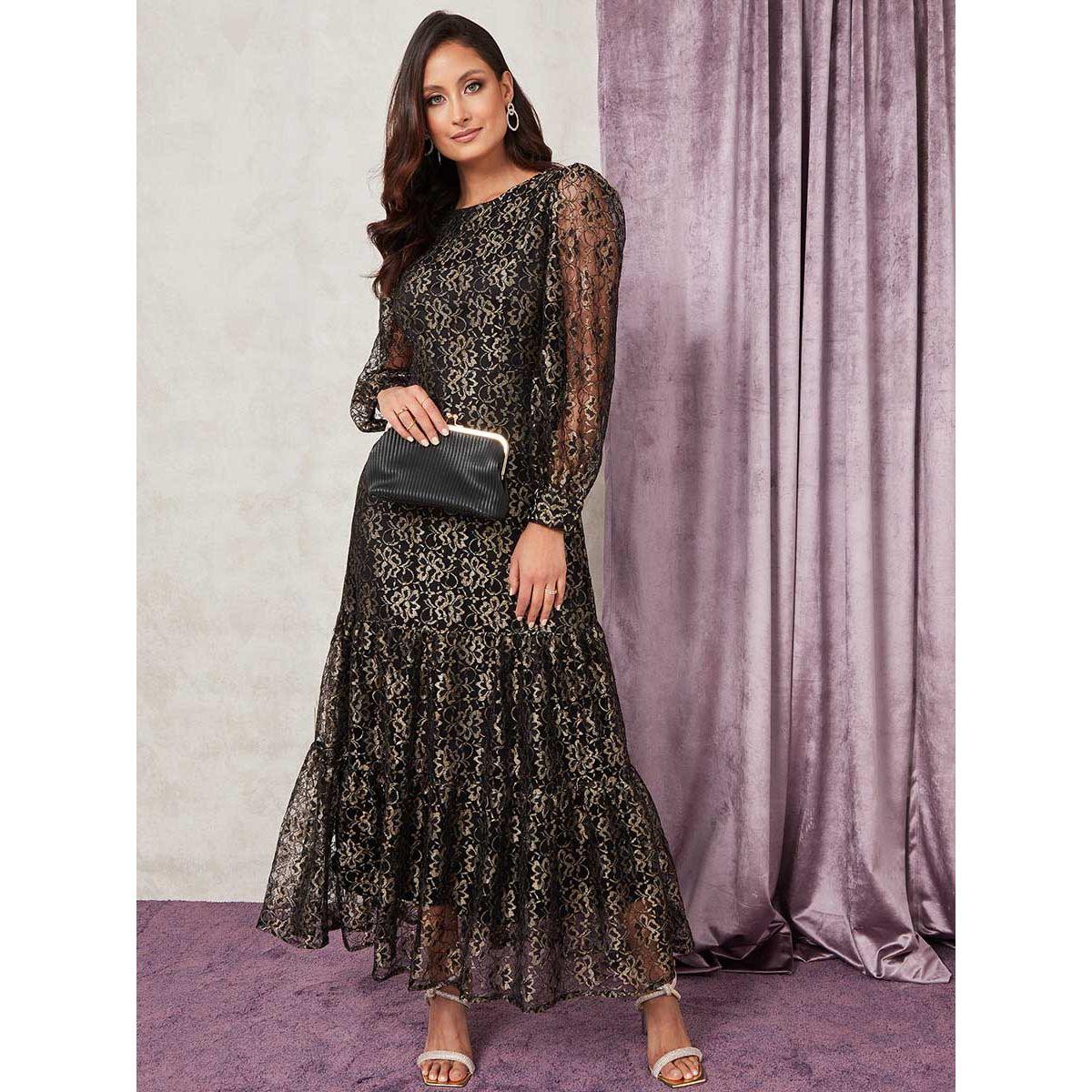 Styli Long Sleeves All Over Metallic Lace Dress Frill Hem Maxi Dress-women-clothing-dresses-image-1