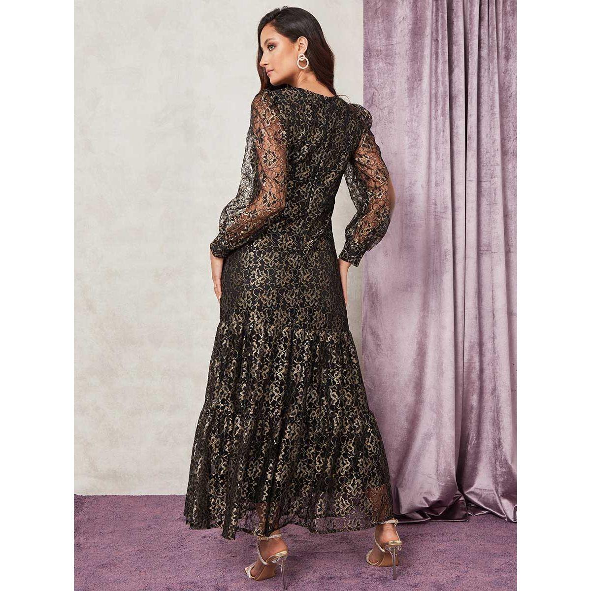 Styli Long Sleeves All Over Metallic Lace Dress Frill Hem Maxi Dress-women-clothing-dresses-image-3