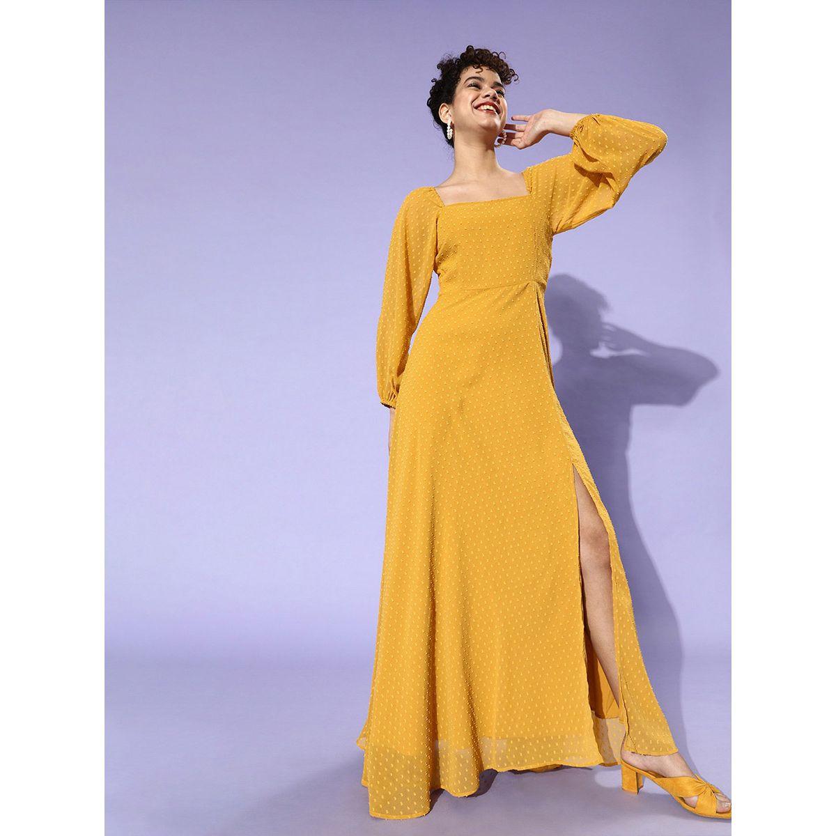 Styli Long Bell Sleeves Dobby A-Line Maxi Dress with Side Slit-women-clothing-dresses-image-2