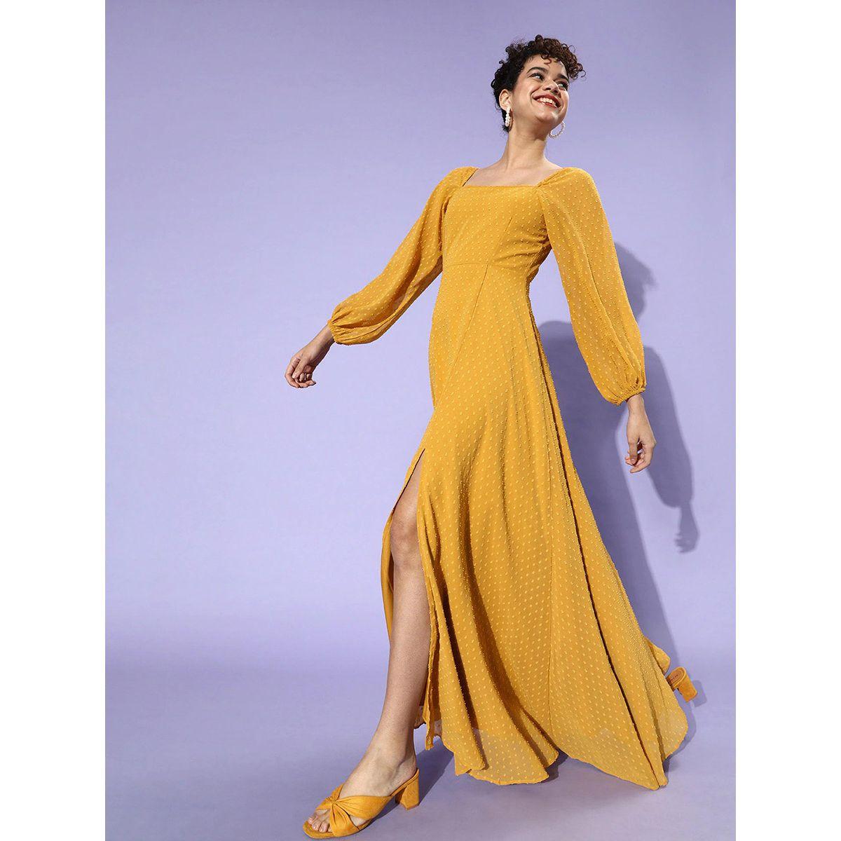 Styli Long Bell Sleeves Dobby A-Line Maxi Dress with Side Slit-women-clothing-dresses-image-5