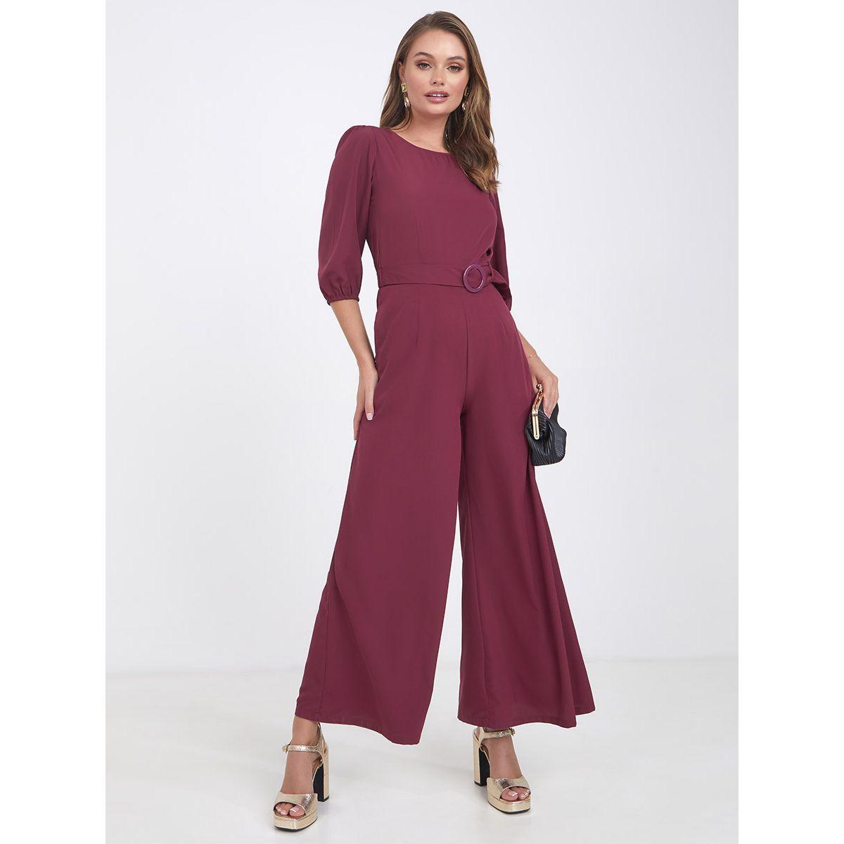 Styli 3/4 Cuffed Sleeves Wide Leg Jumpsuit with Buckled Belt-women-clothing-jumpsuits-image-1