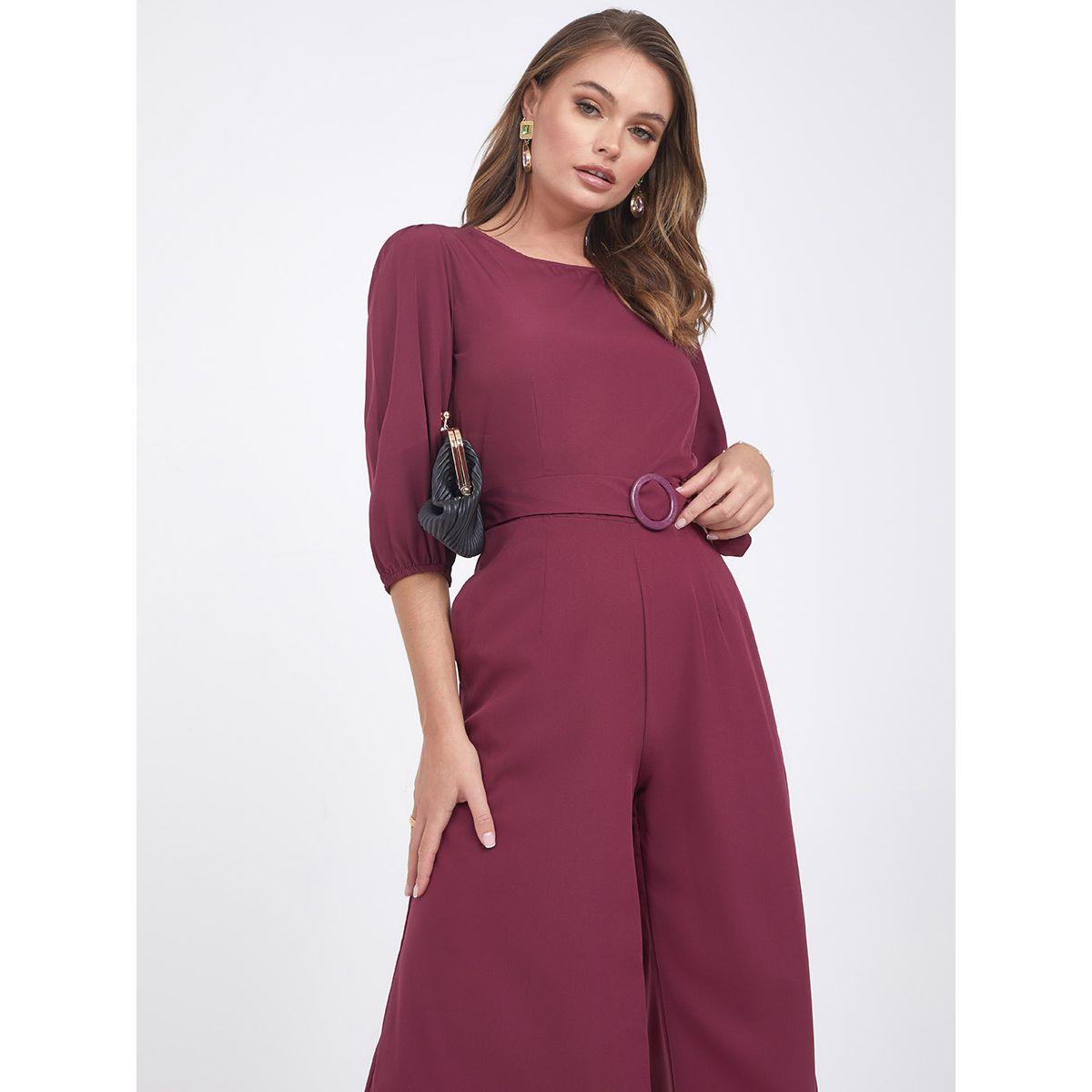 Styli 3/4 Cuffed Sleeves Wide Leg Jumpsuit with Buckled Belt-women-clothing-jumpsuits-image-2