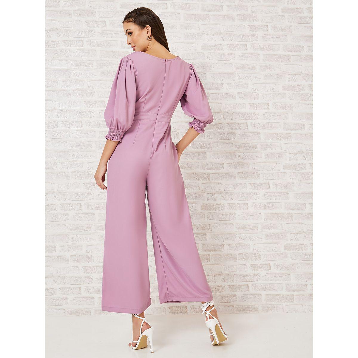 Styli Cuffed 3/4 Sleeves Pleat Detail Wide Leg Jumpsuit-women-clothing-jumpsuits-image-4