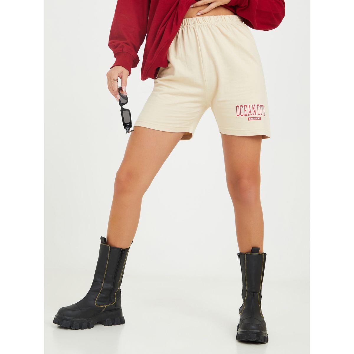 Styli Elastic Waistband Slogan Print Shorts-women-clothing-bottoms-shorts-image-1