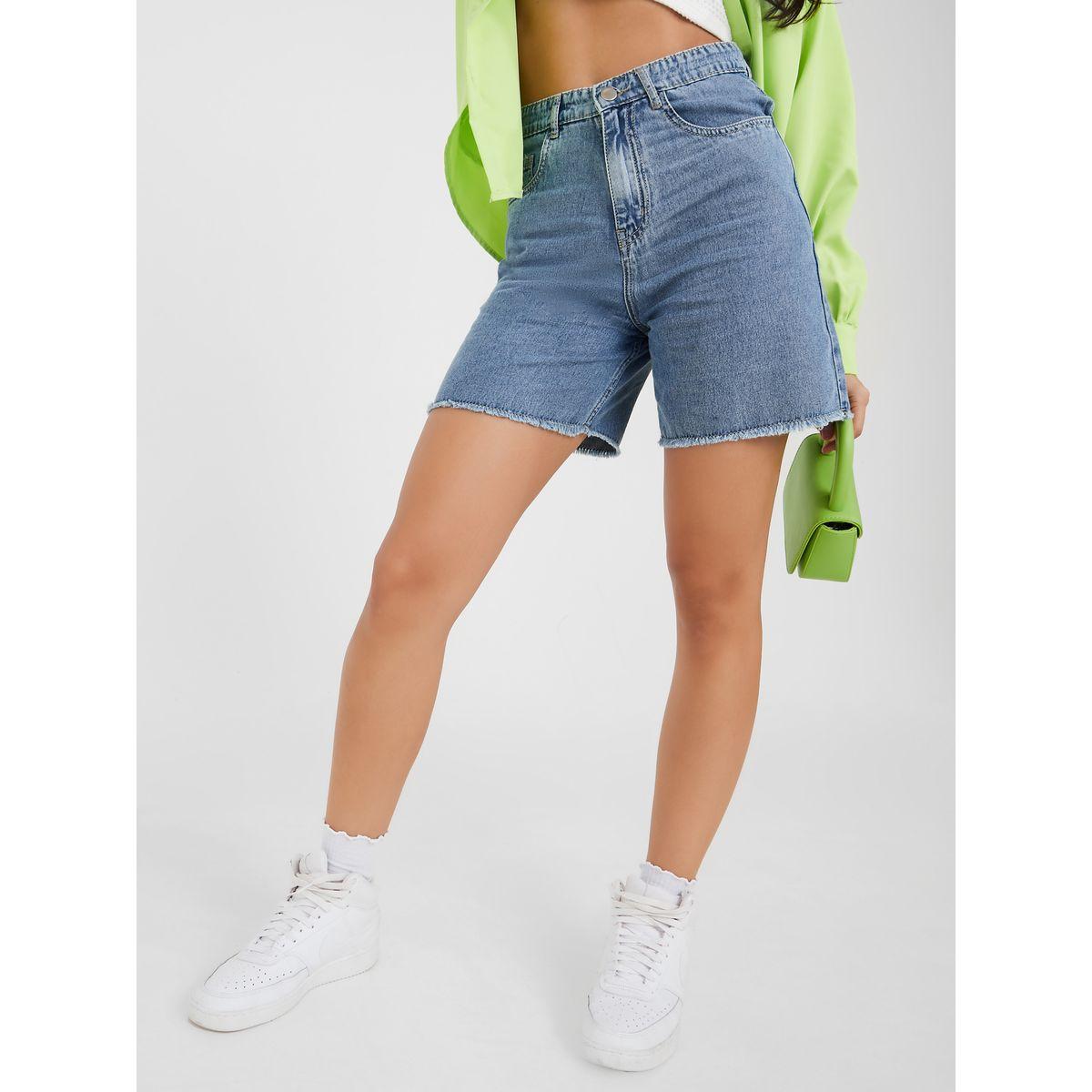Styli High Waist Raw Edge  Denim Shorts-women-clothing-bottoms-shorts-image-1