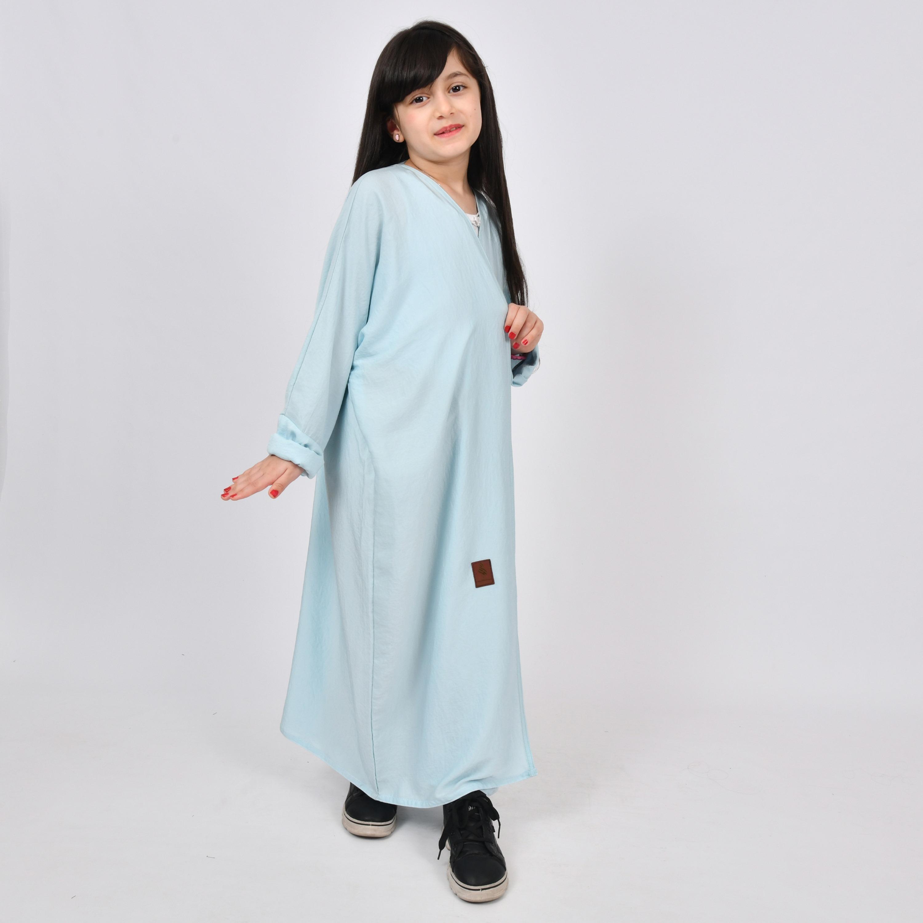 Outlet Blue Textured Double Cuff Sleeves Linen Girls Quarter-Bisht Abaya-girls-arabicclothing-abayas-image-1