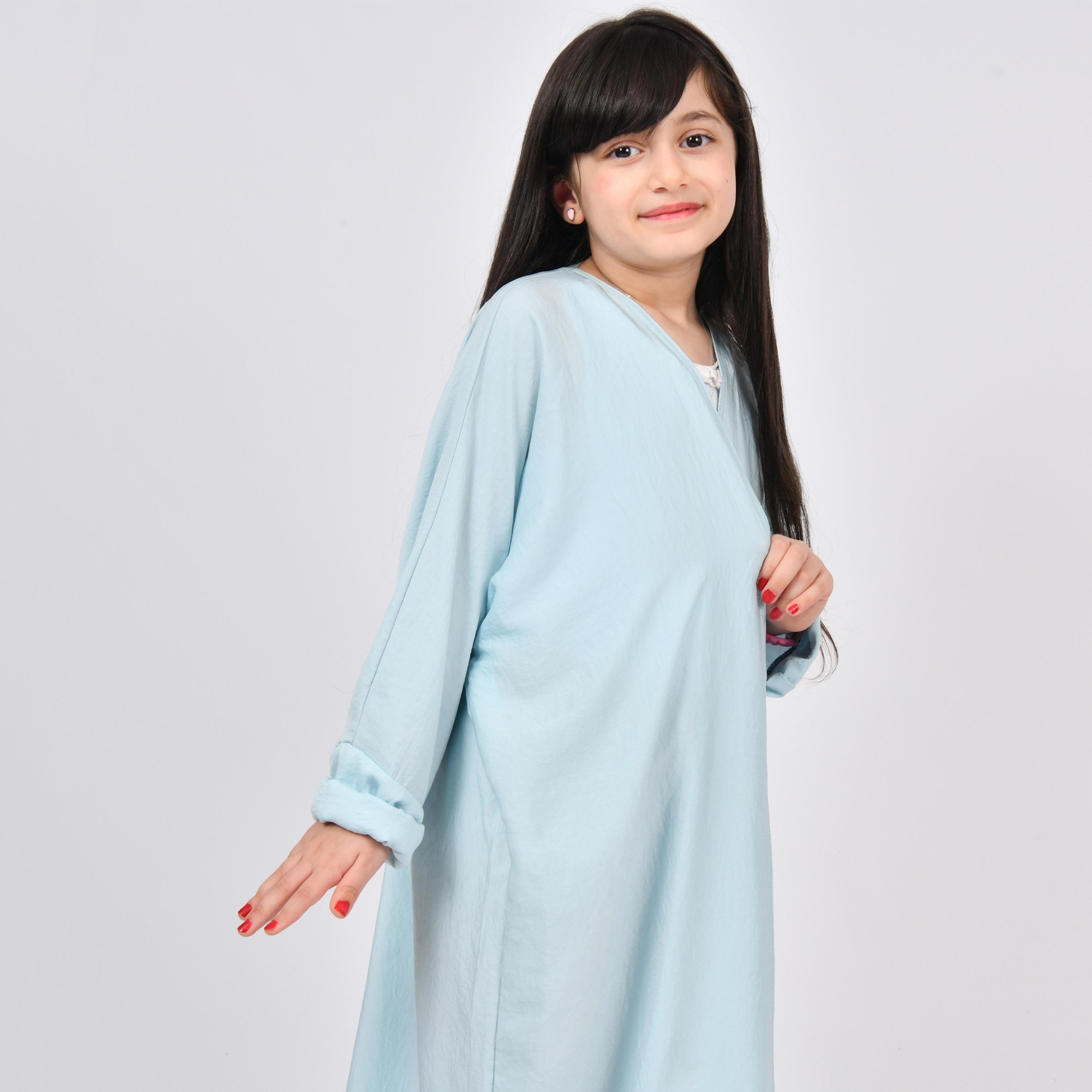 Outlet Blue Textured Double Cuff Sleeves Linen Girls Quarter-Bisht Abaya-girls-arabicclothing-abayas-image-3