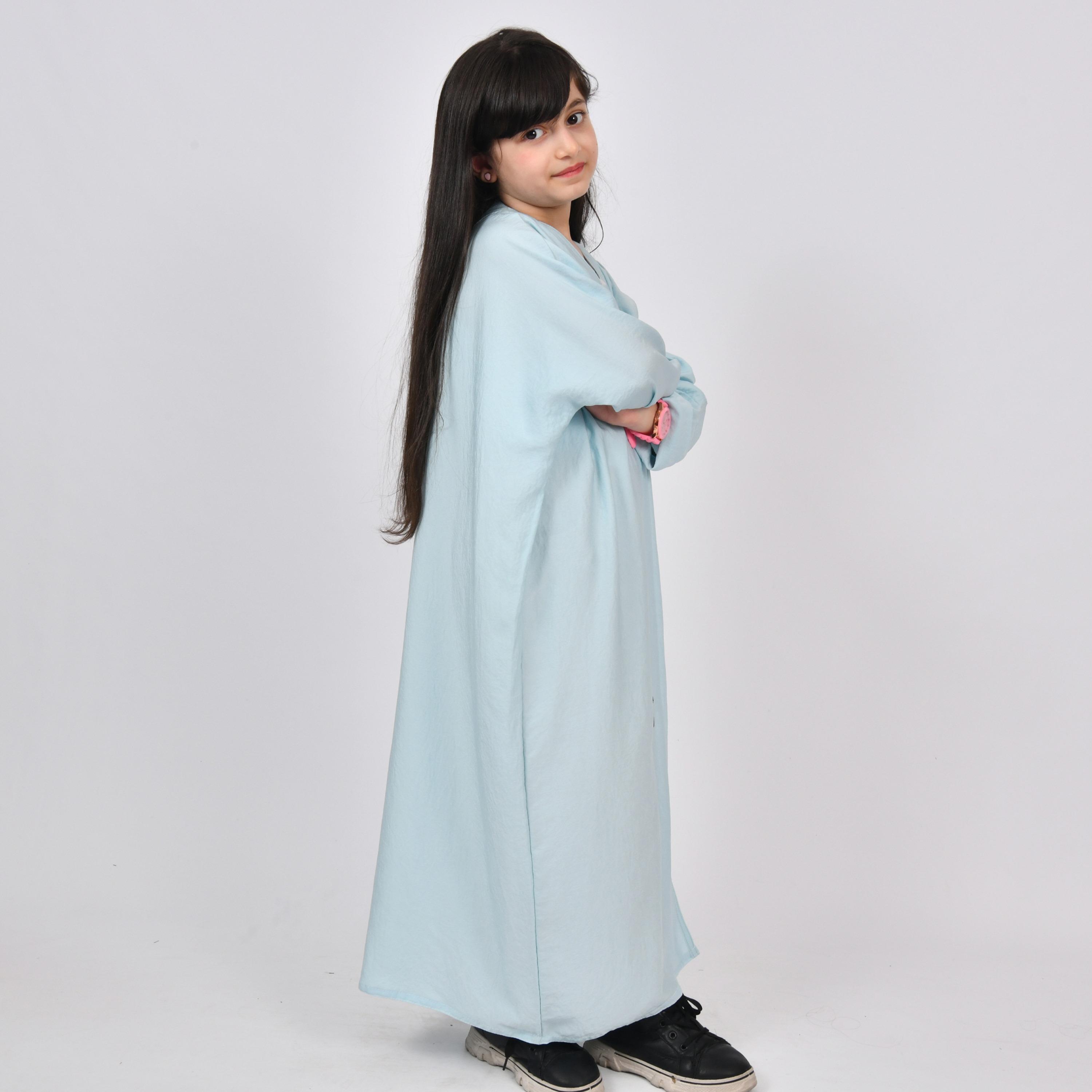Outlet Blue Textured Double Cuff Sleeves Linen Girls Quarter-Bisht Abaya-girls-arabicclothing-abayas-image-4