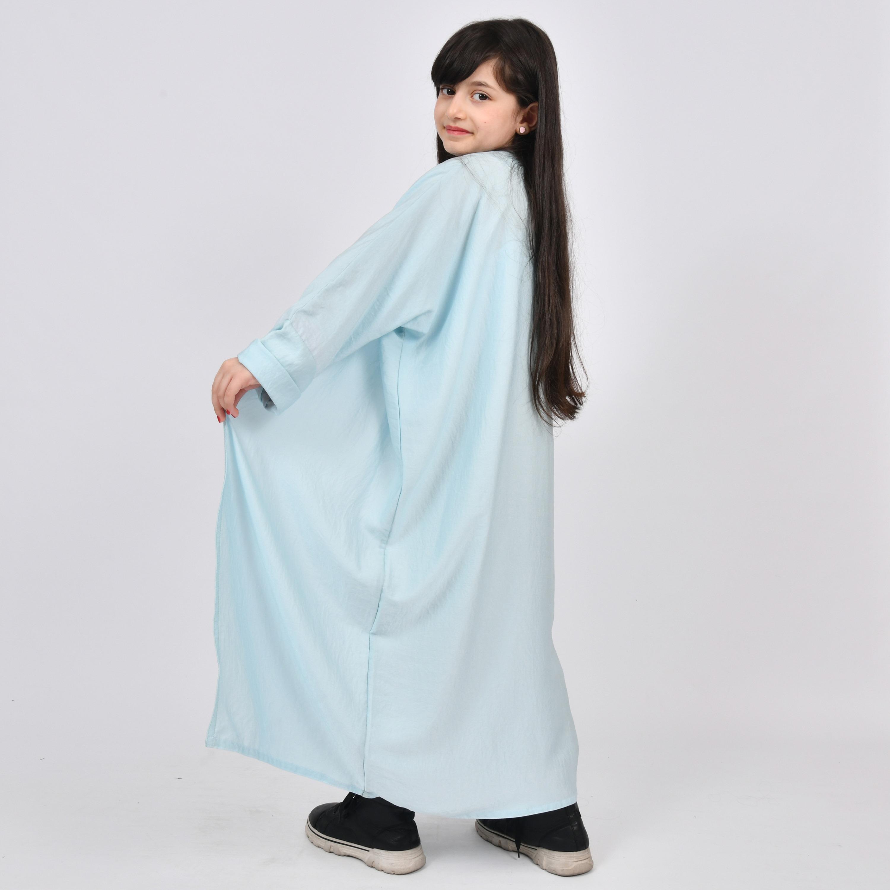 Outlet Blue Textured Double Cuff Sleeves Linen Girls Quarter-Bisht Abaya-girls-arabicclothing-abayas-image-5
