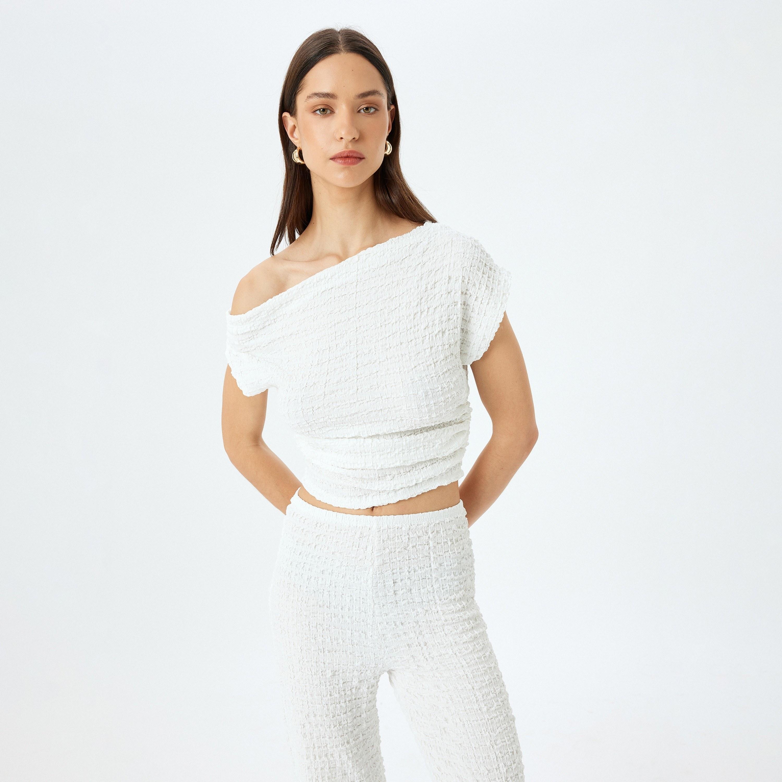 Koton Beige Crinkled One Shoulder Women's Crop Top-women-clothing-shirtsandblouses-blouses-image-1