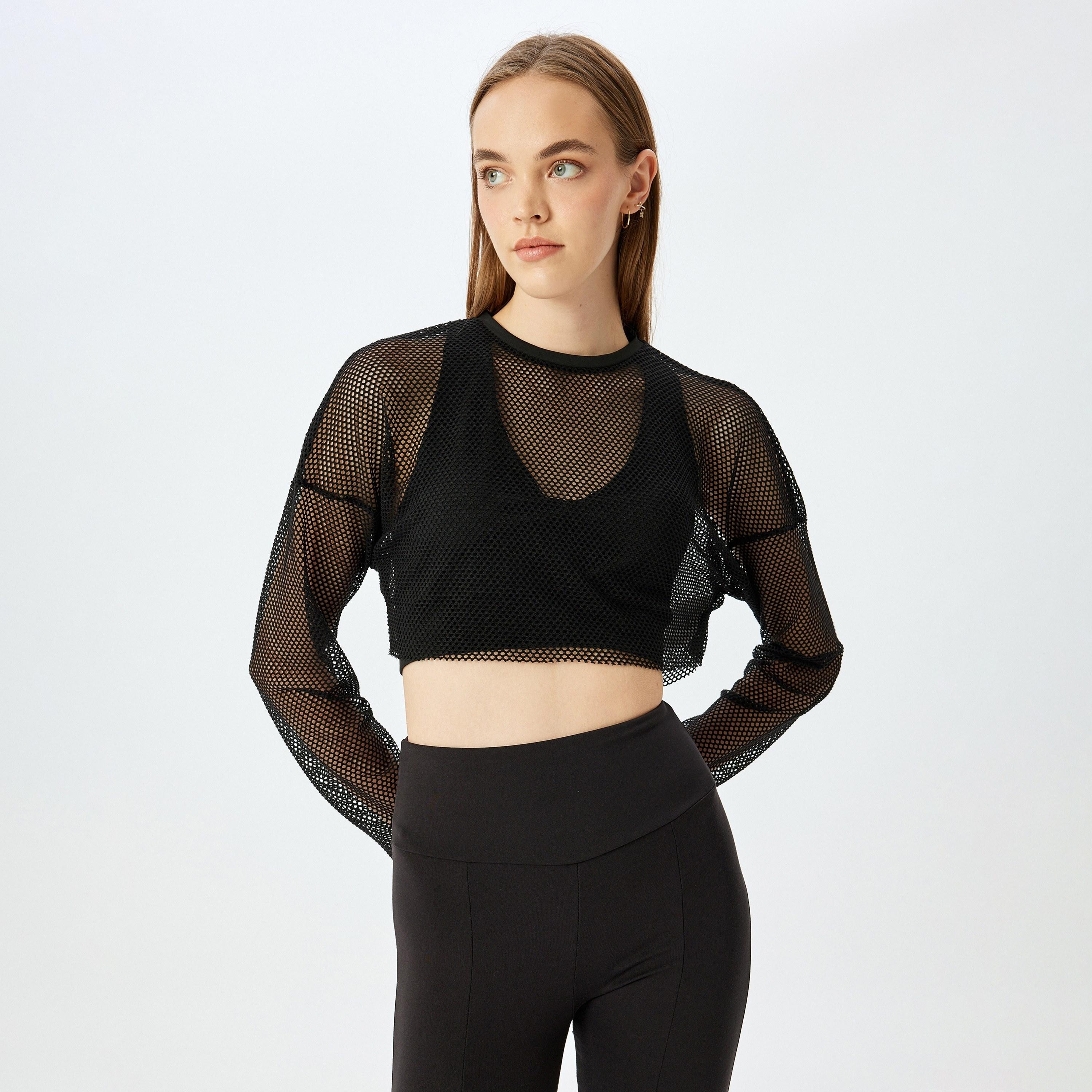 Koton Black Sheer Crew Neck Long Sleeves Women's Top-women-clothing-shirtsandblouses-blouses-image-1