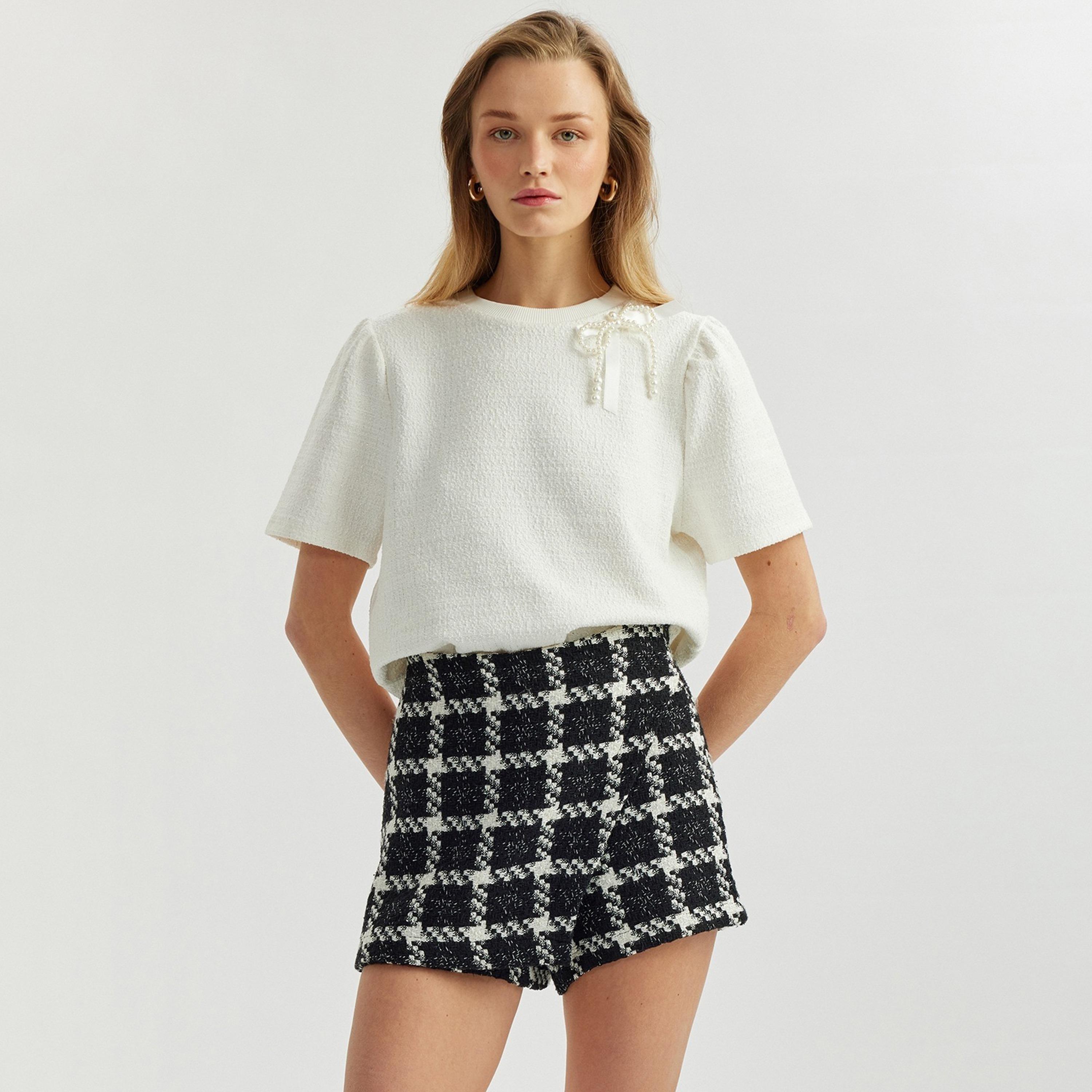 Koton White Textured Crew Neck Short Sleeves Women's Sweatshirt-women-clothing-hoodiesandsweatshirts-sweatshirts-image-1