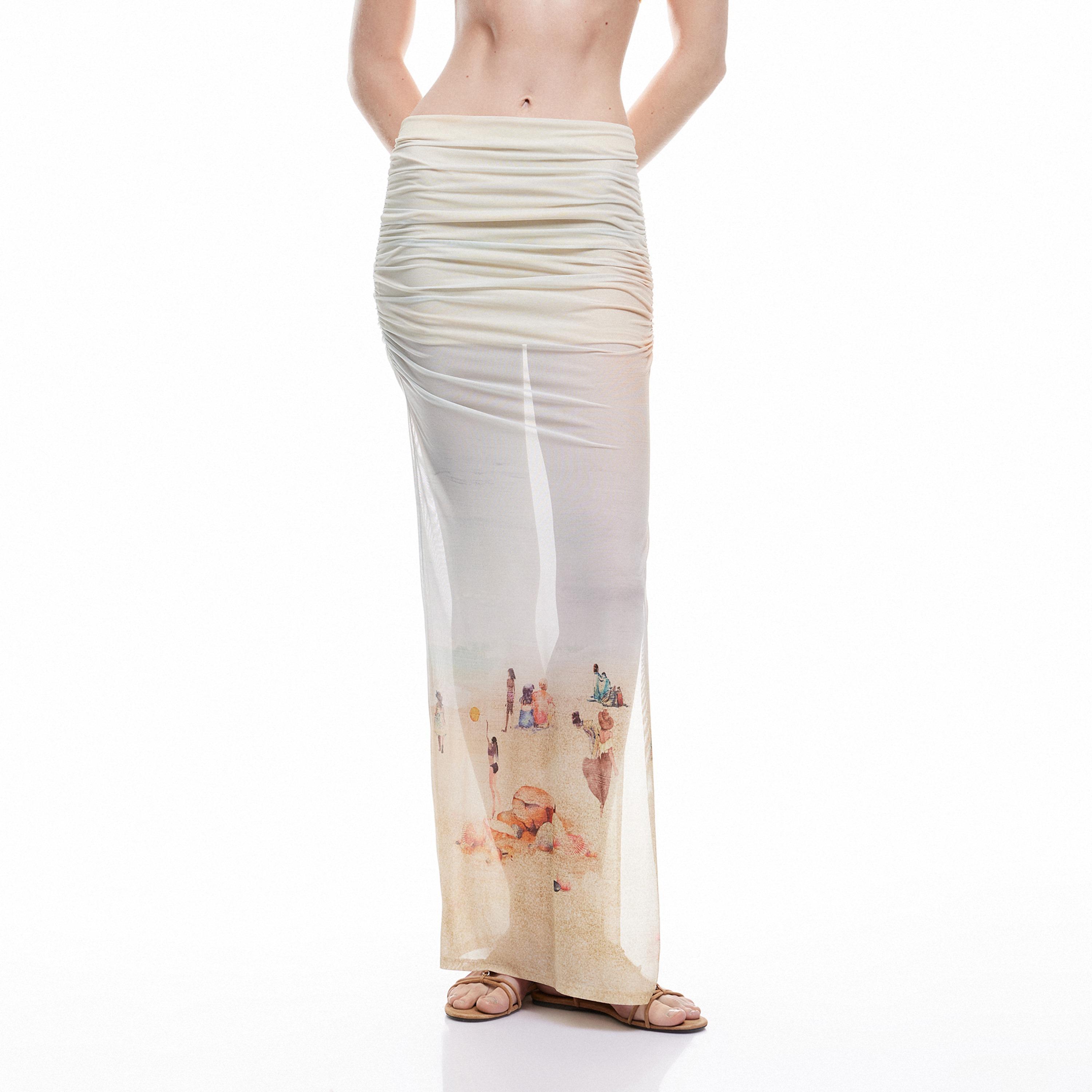 KOTON Orange Scenic Print Ruched Slit Women's Maxi Skirt-women-clothing-bottoms-skirts-image-1
