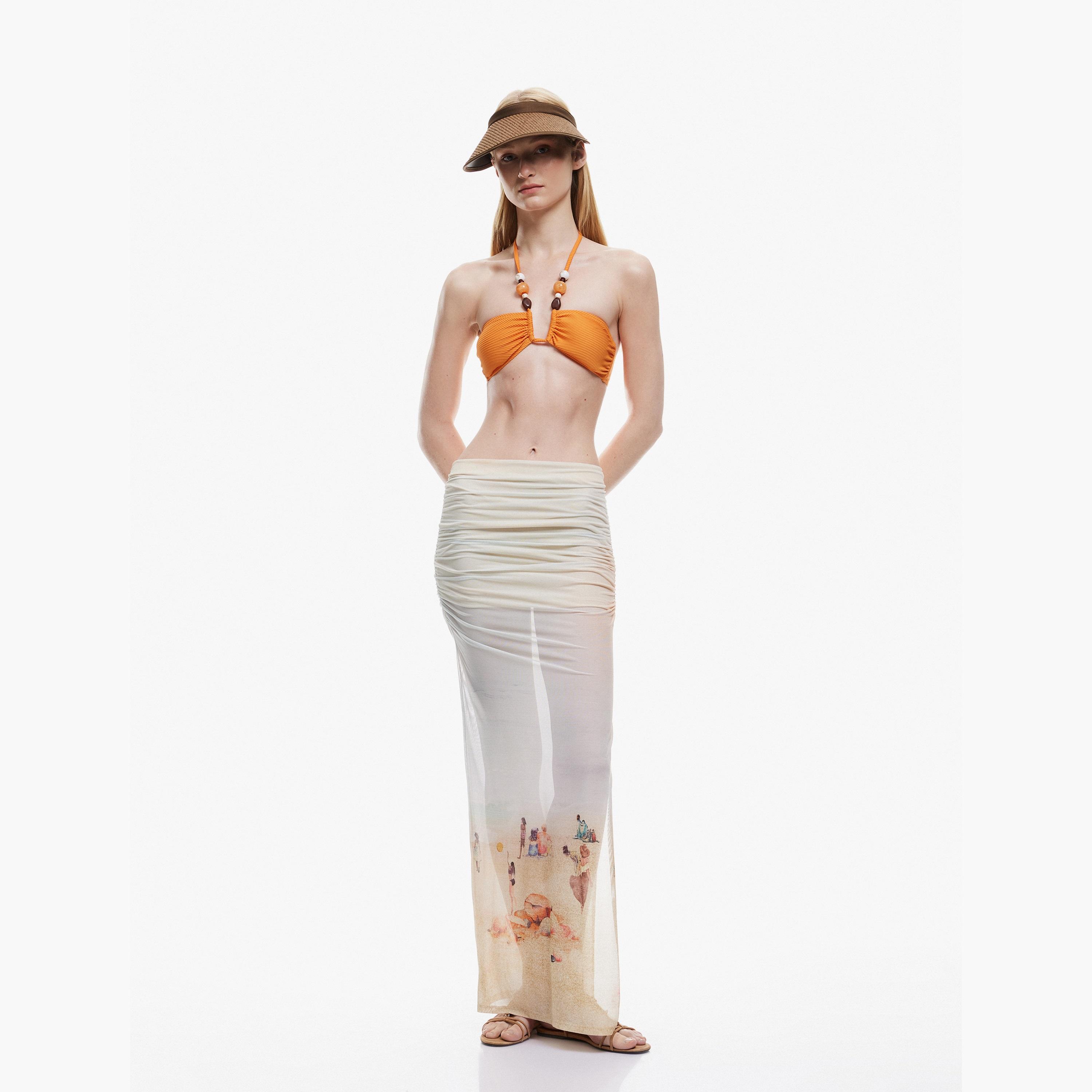 KOTON Orange Scenic Print Ruched Slit Women's Maxi Skirt-women-clothing-bottoms-skirts-image-2